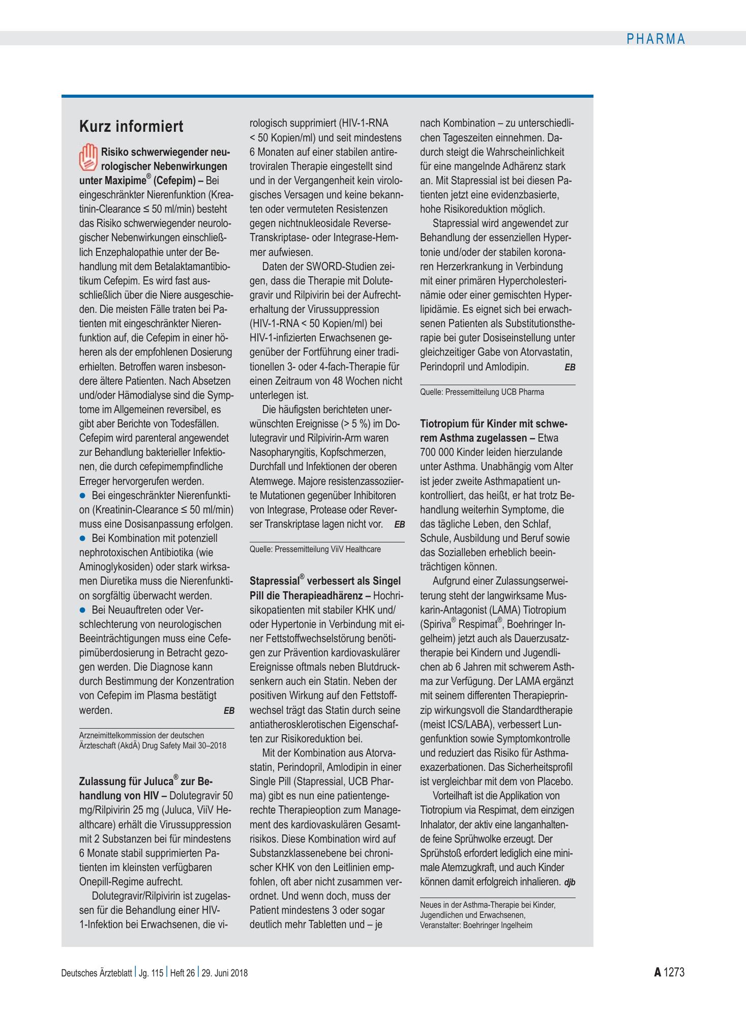 Vorschauseite 1: Kurz informiert – Deutsches Ärzteblatt