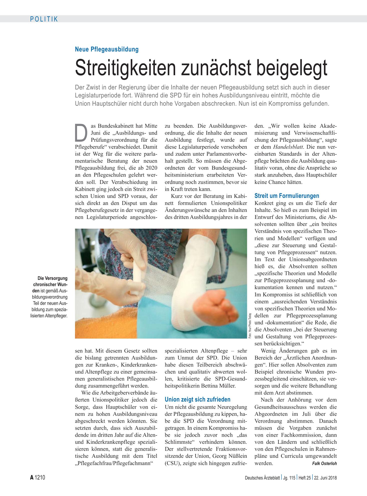 Vorschauseite 1: Neue Pflegeausbildung: Streitigkeiten zunächst beigelegt – Deutsches Ärzteblatt