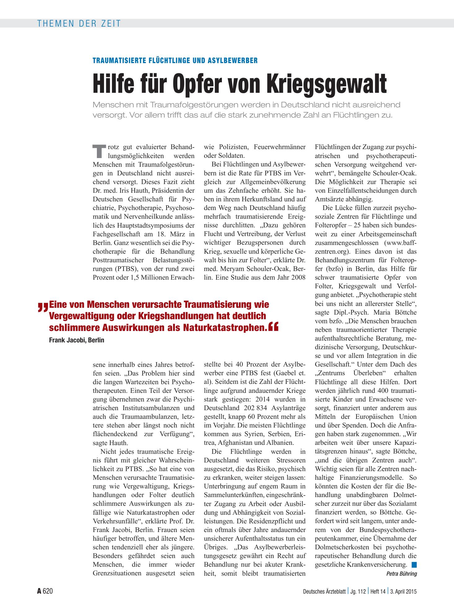 Vorschauseite 1: Traumatisierte Flüchtlinge und Asylbewerber: Hilfe für Opfer von Kriegsgewalt – Deutsches Ärzteblatt