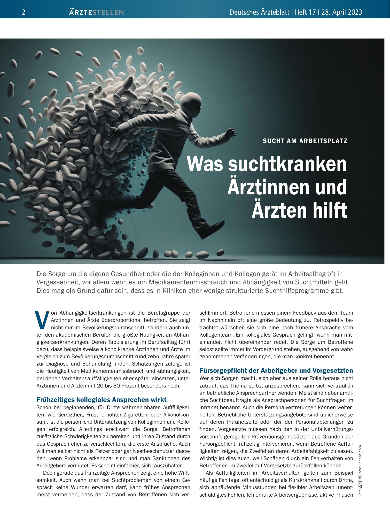 Vorschauseite 1: Sucht am Arbeitsplatz: Was suchtkranken Ärztinnen und Ärzten hilft – Deutsches Ärzteblatt