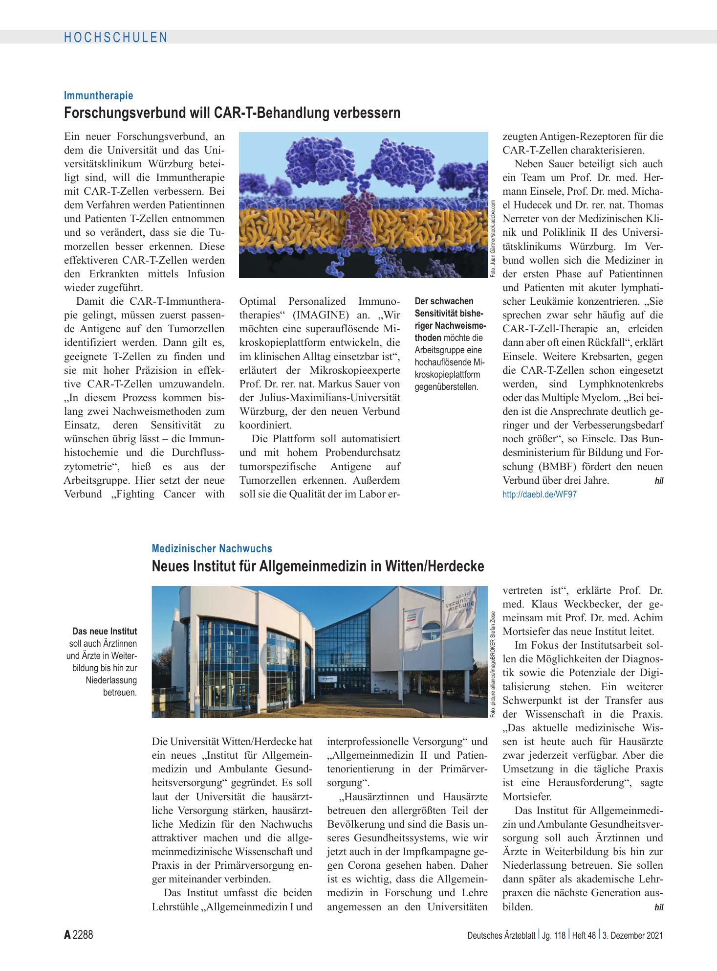 Vorschauseite 1: Medizinischer Nachwuchs: Neues Institut für Allgemeinmedizin in Witten/Herdecke – Deutsches Ärzteblatt