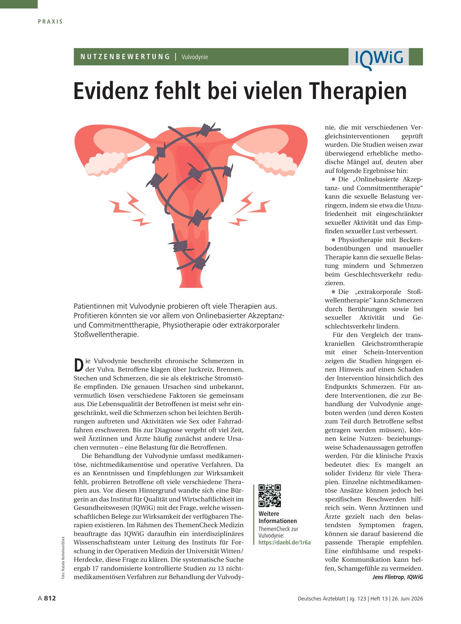 Vorschauseite 1: Vulvodynie: Evidenz fehlt bei vielen Therapien – Deutsches Ärzteblatt