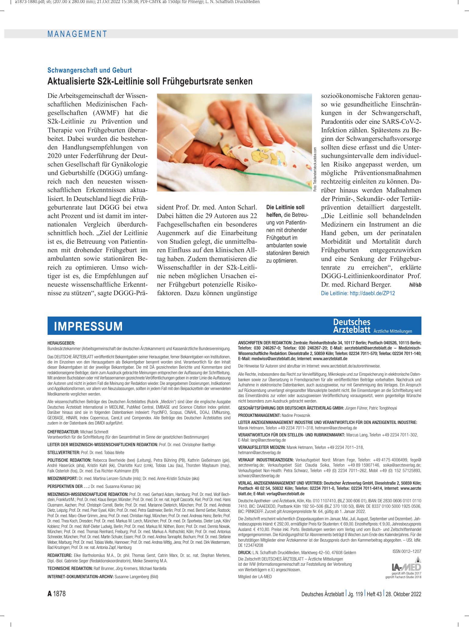 Vorschauseite 1: Schwangerschaft und Geburt: Aktualisierte S2k-Leitlinie soll Frühgeburtsrate senken – Deutsches Ärzteblatt
