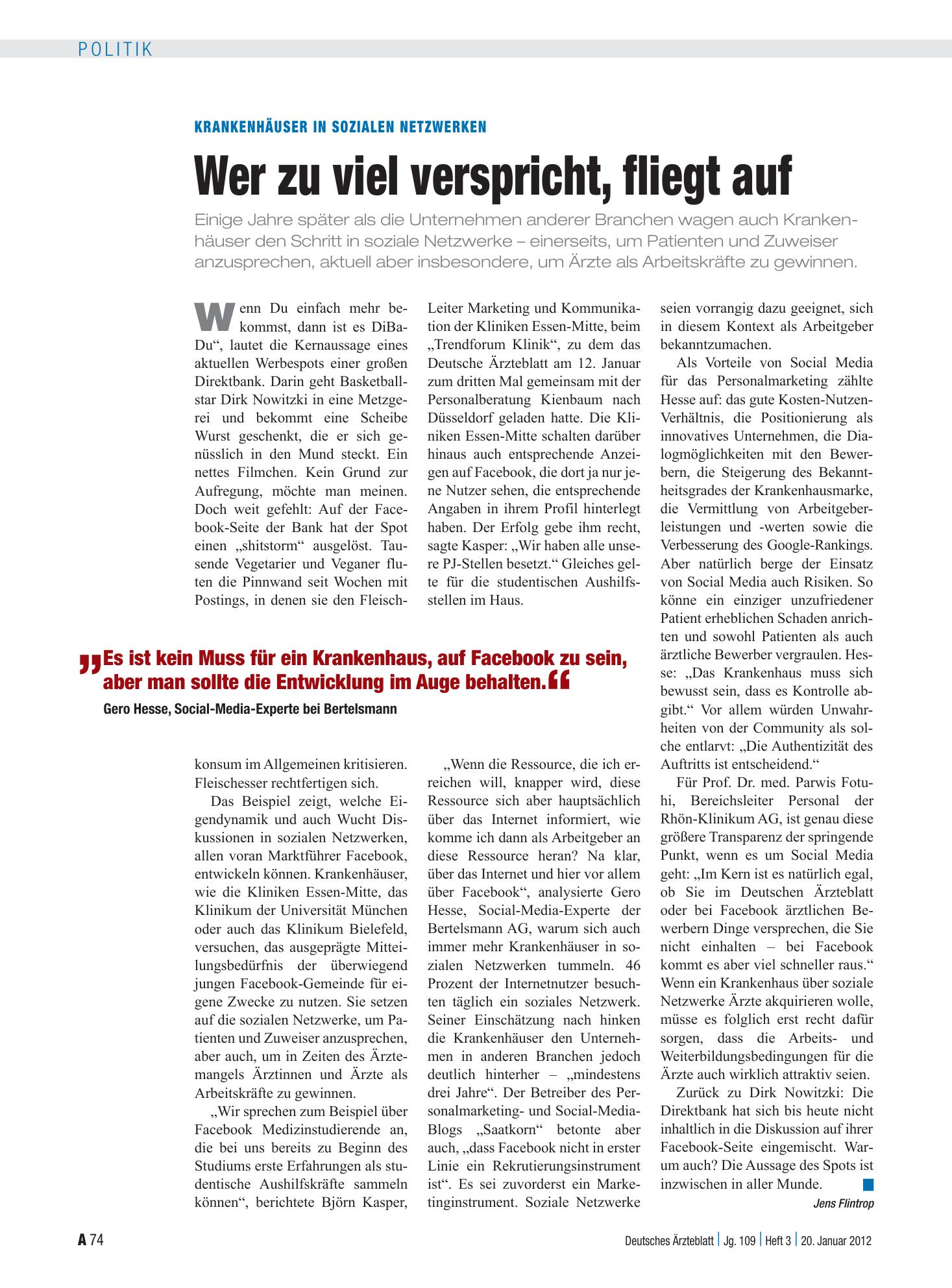 Vorschauseite 1: Krankenhäuser in sozialen Netzwerken: Wer zu viel verspricht, fliegt auf – Deutsches Ärzteblatt