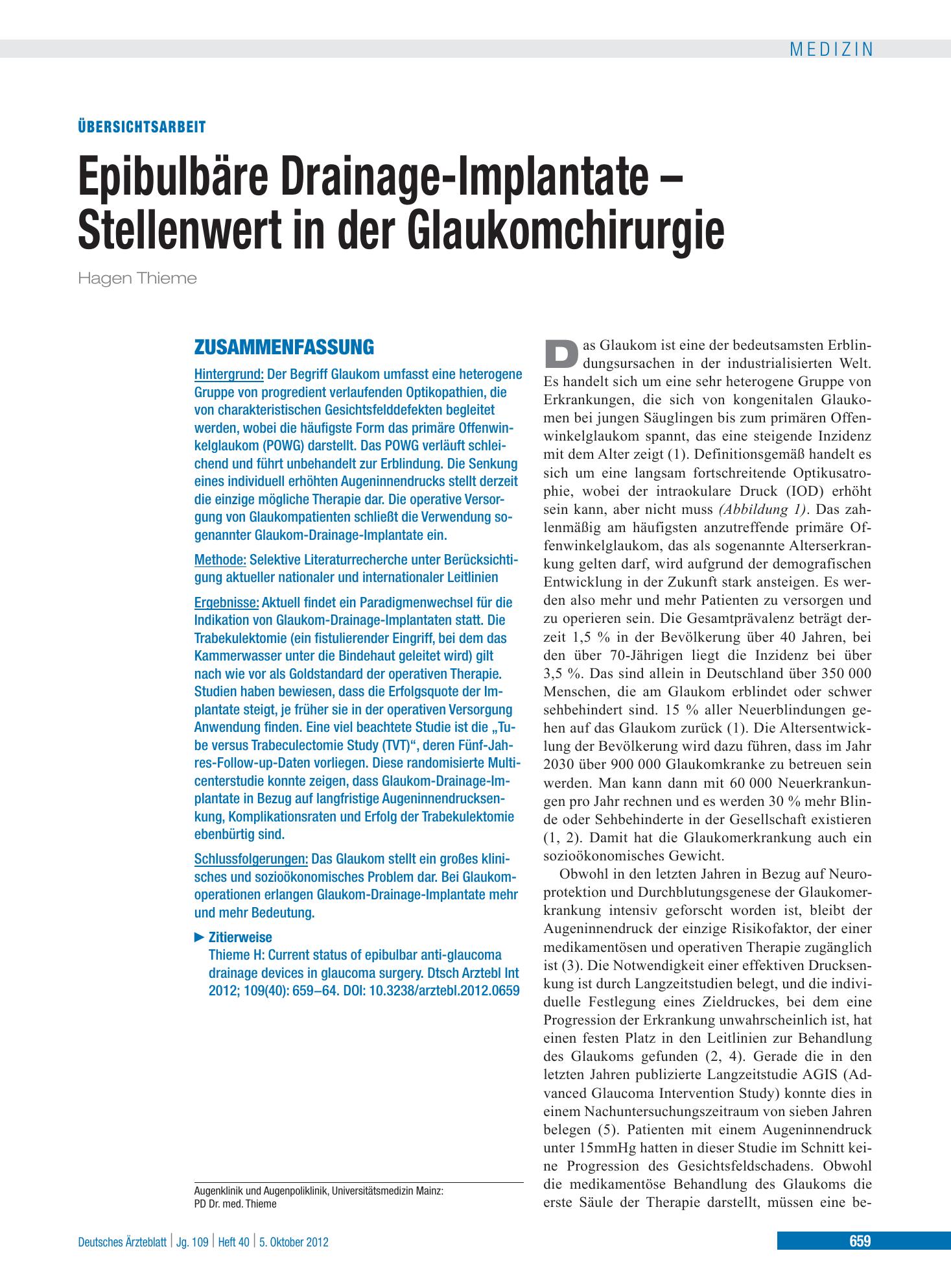 Vorschauseite 1: Epibulbäre Drainage-Implantate – Stellenwert in der Glaukomchirurgie – Deutsches Ärzteblatt