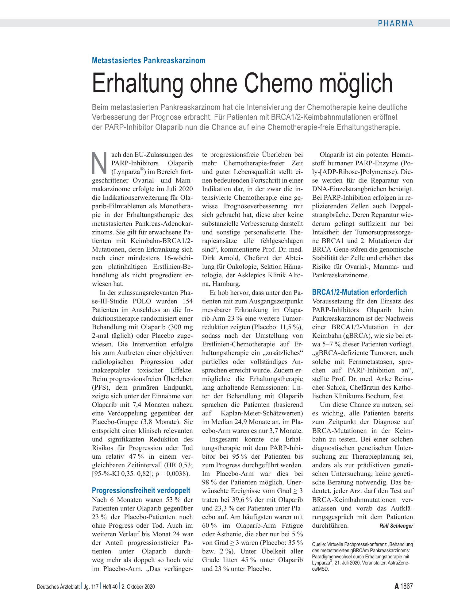 Vorschauseite 1: Metastasiertes Pankreaskarzinom: Erhaltung ohne Chemo möglich – Deutsches Ärzteblatt