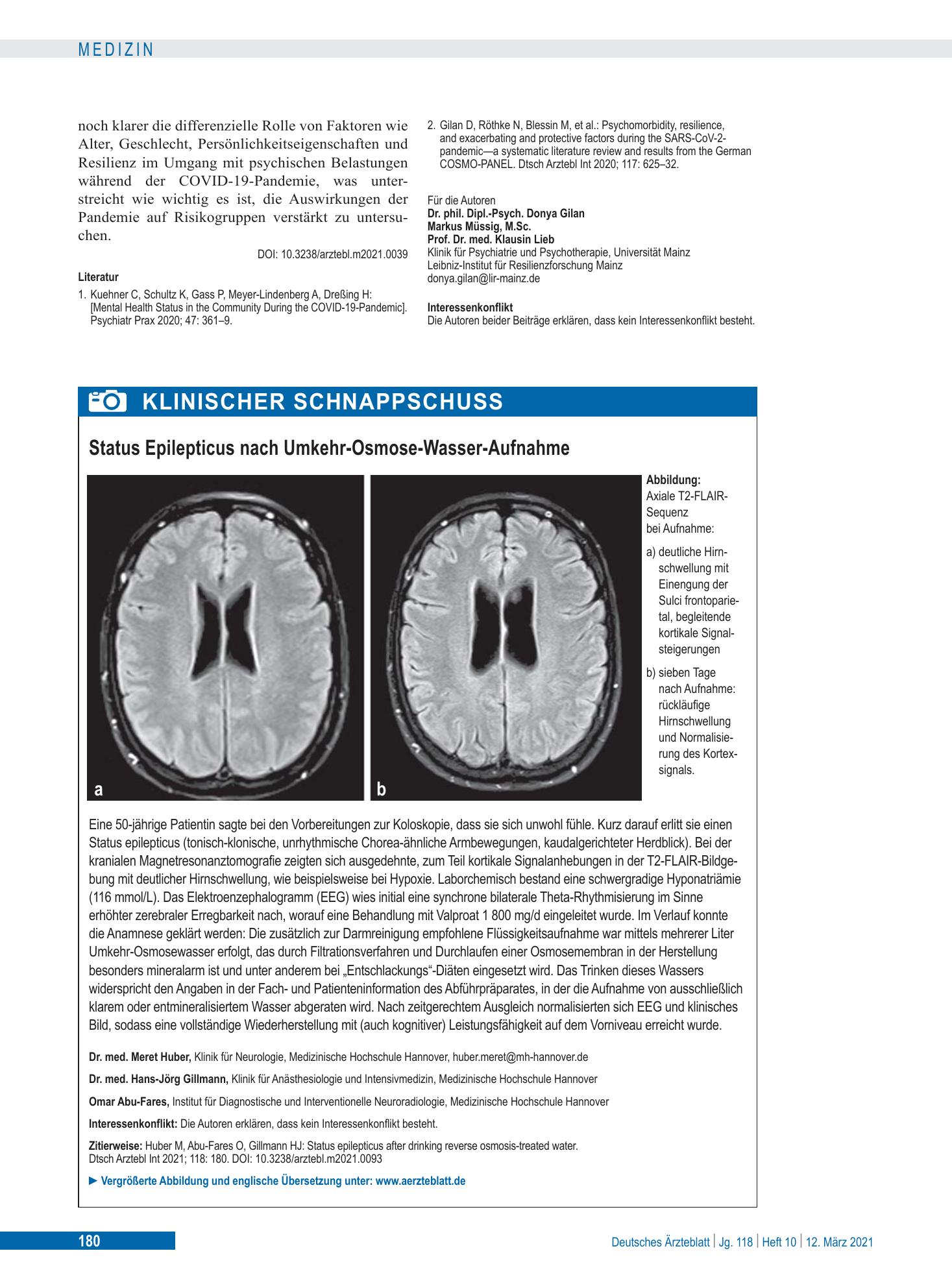 Vorschauseite 1: Status Epilepticus nach Umkehr-Osmose-Wasser-Aufnahme – Deutsches Ärzteblatt