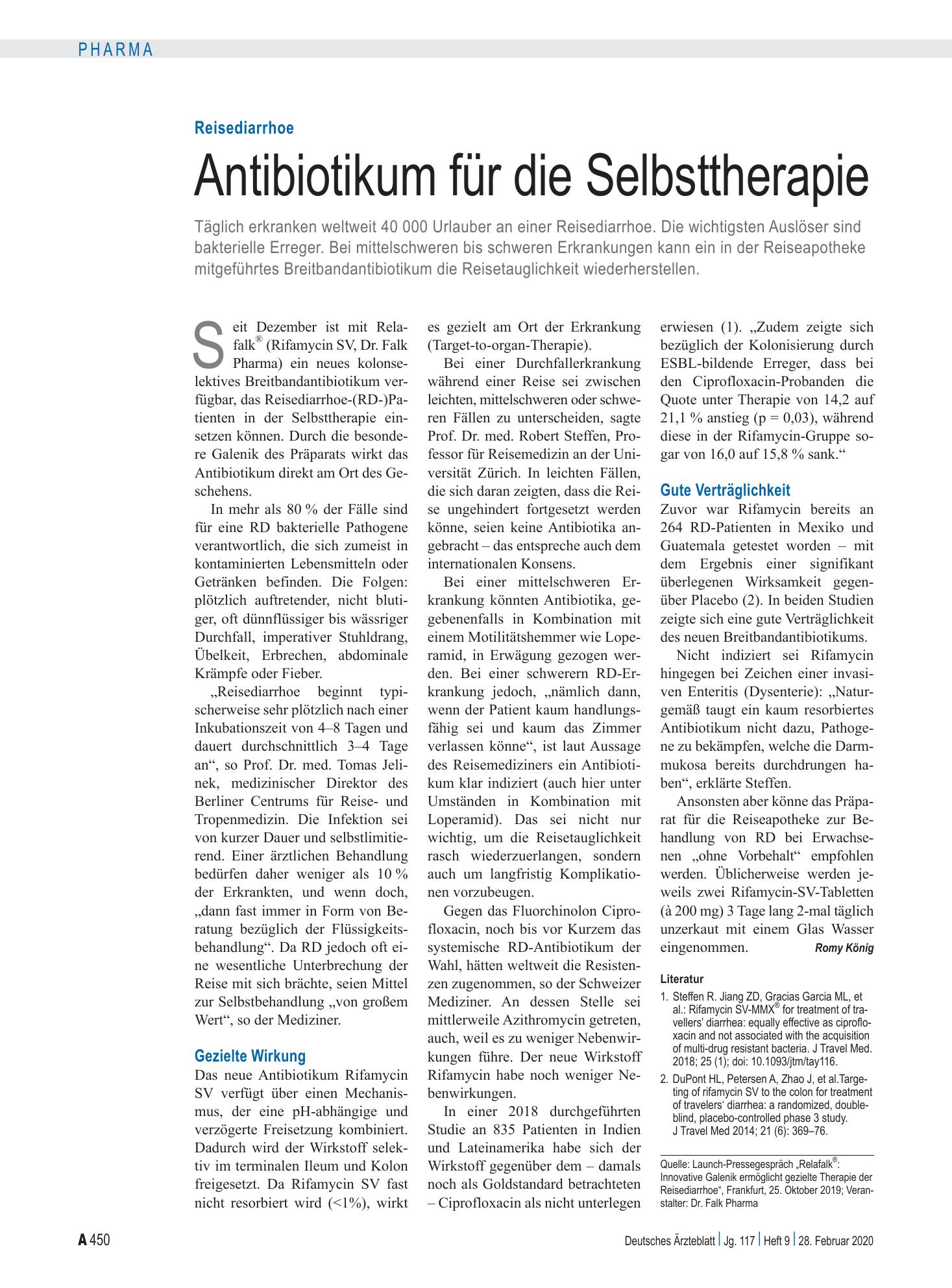 Vorschauseite 1: Reisediarrhoe: Antibiotikum für die Selbsttherapie – Deutsches Ärzteblatt