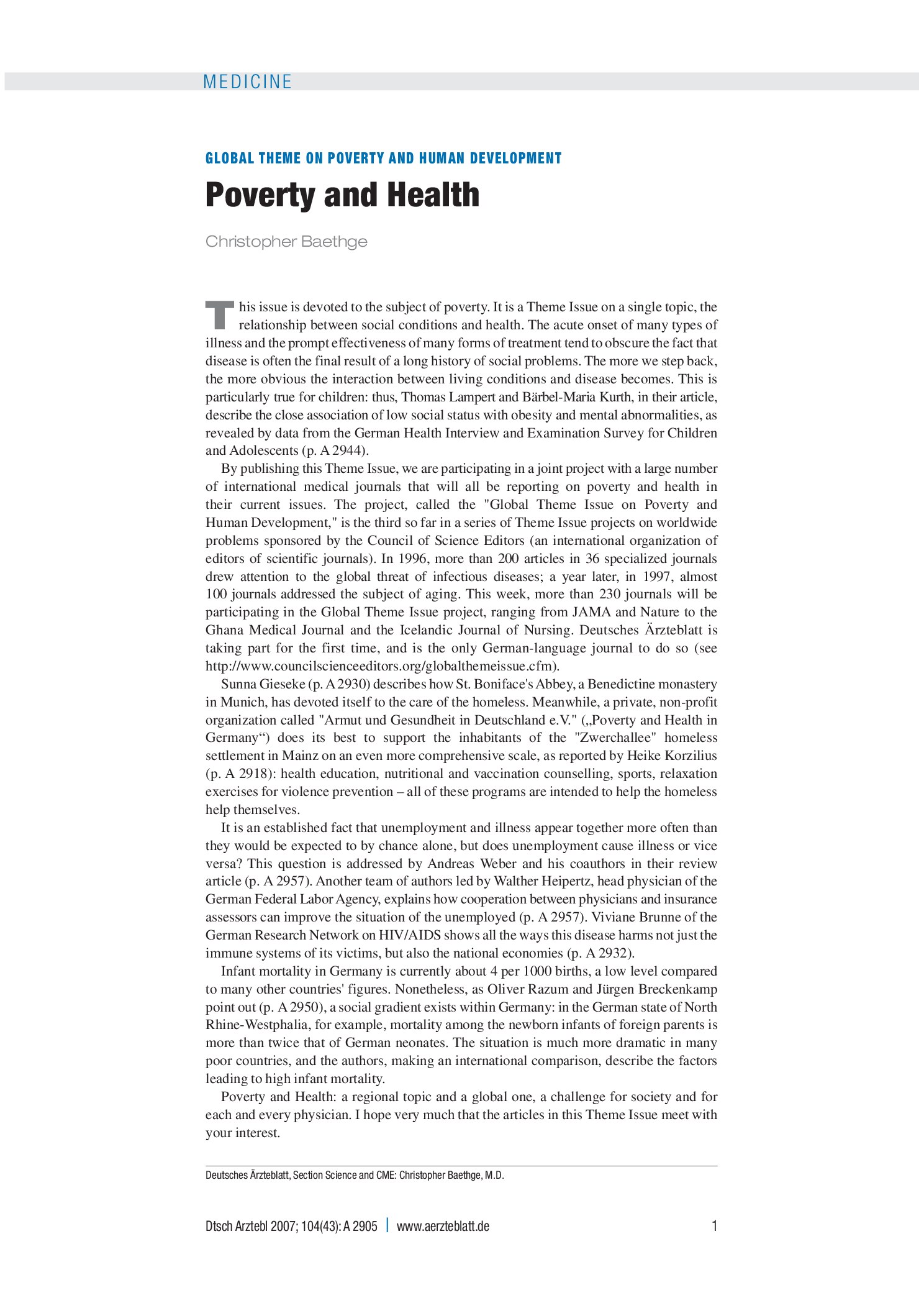 Vorschauseite 1: Global theme issue on poverty and human development: Armut und Gesundheit – Deutsches Ärzteblatt