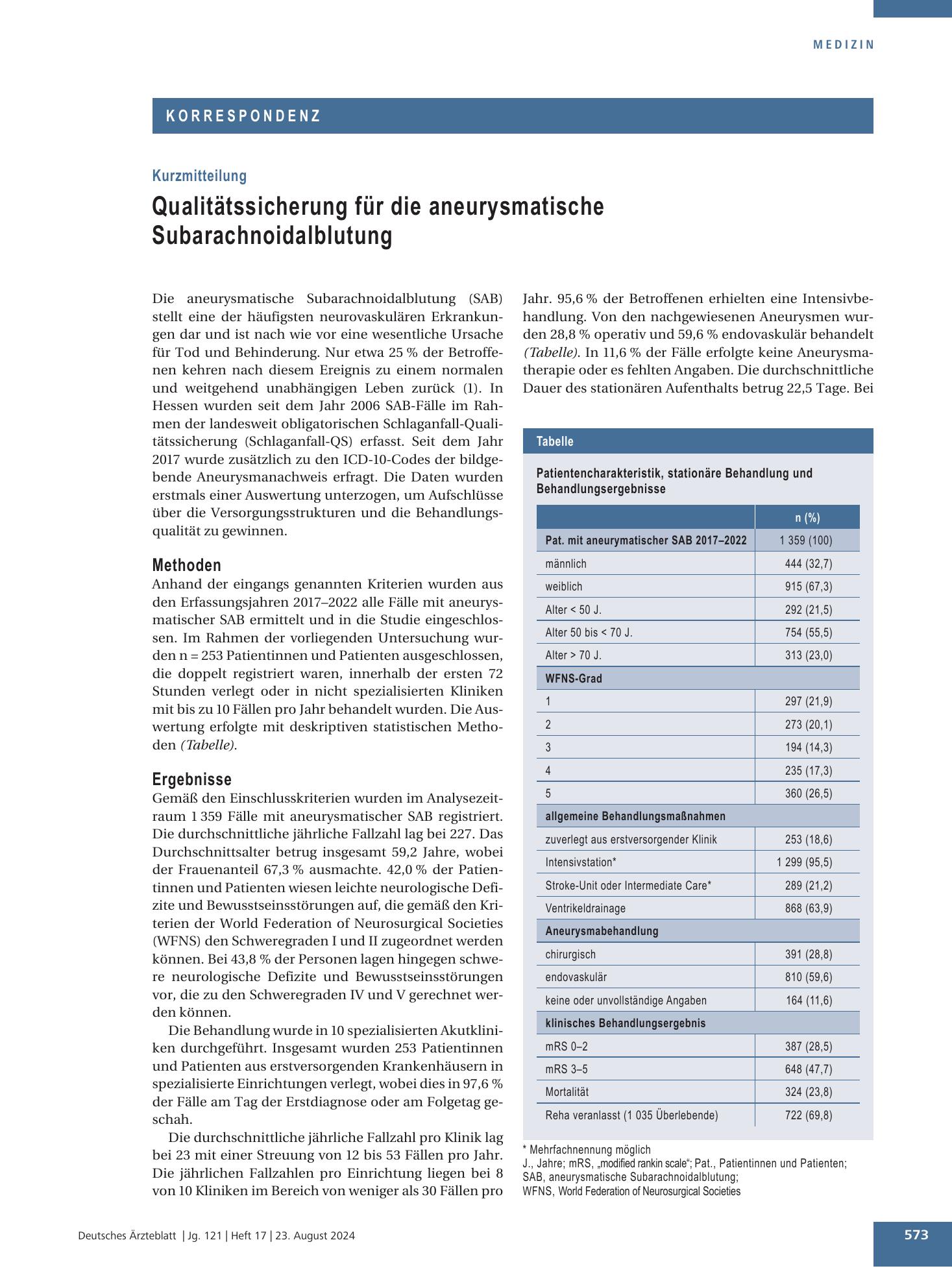 Vorschauseite 1: Qualitätssicherung für die aneurysmatische Subarachnoidalblutung – Deutsches Ärzteblatt
