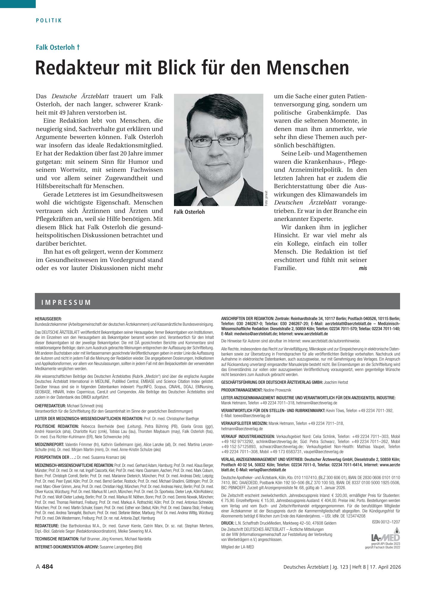 Vorschauseite 1: Falk Osterloh †: Redakteur mit Blick für den Menschen – Deutsches Ärzteblatt