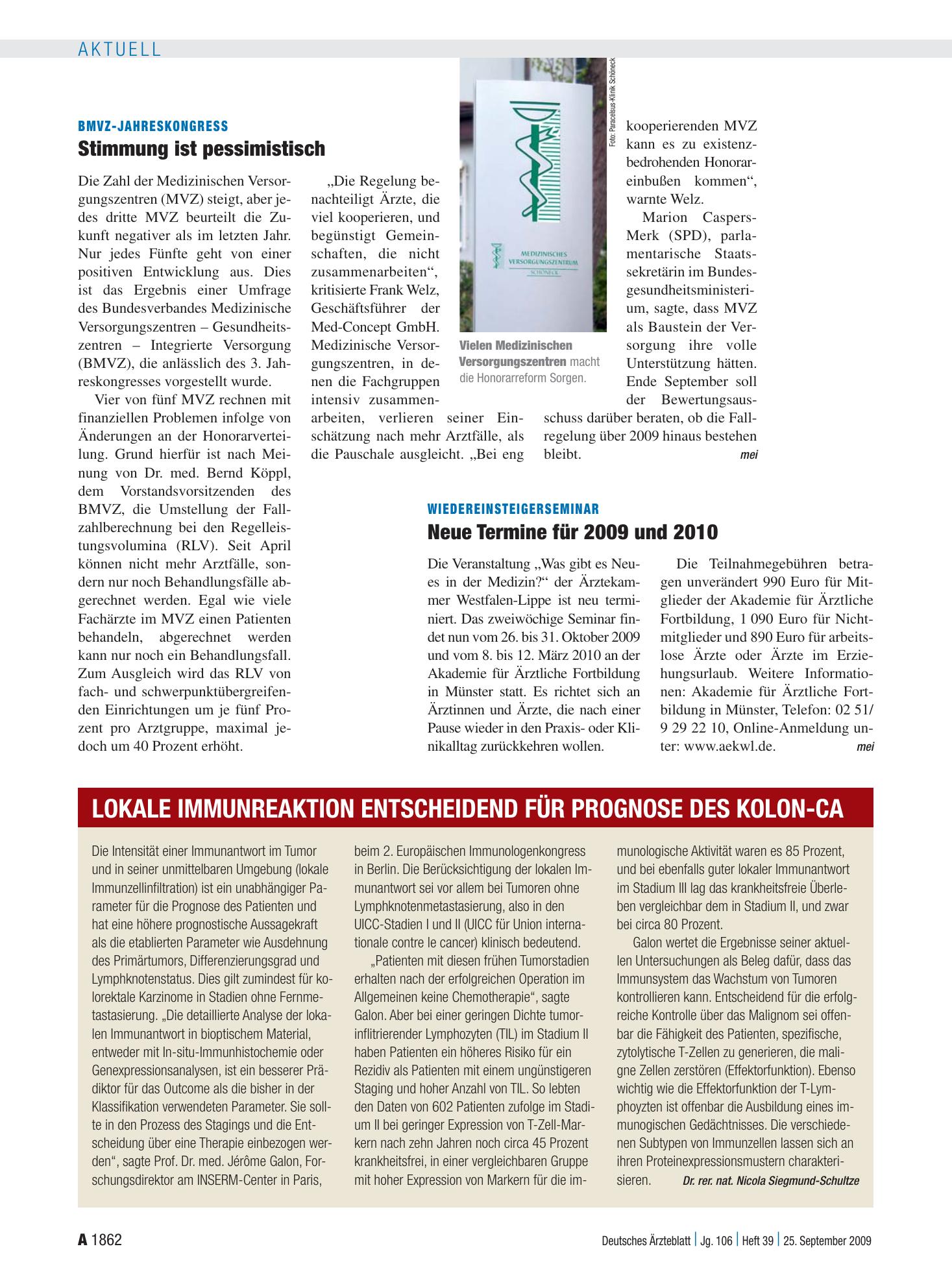Vorschauseite 1: Wiedereinsteigerseminar: Neue Termine für 2009 und 2010 – Deutsches Ärzteblatt