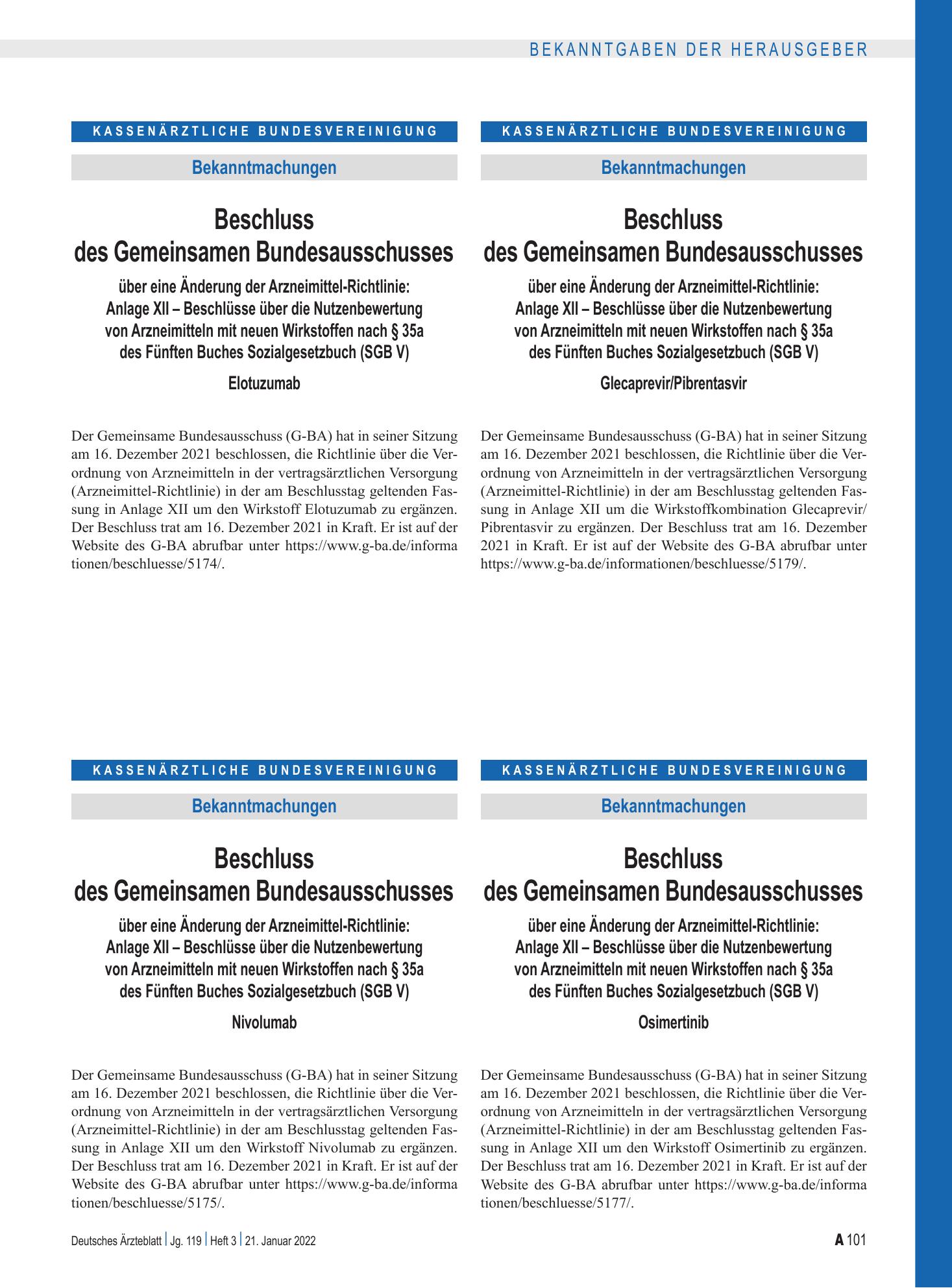 Vorschauseite 1: Beschluss des Gemeinsamen Bundesausschusses über eine Änderung der Arzneimittel-Richtlinie: Osimertinib – Deutsches Ärzteblatt