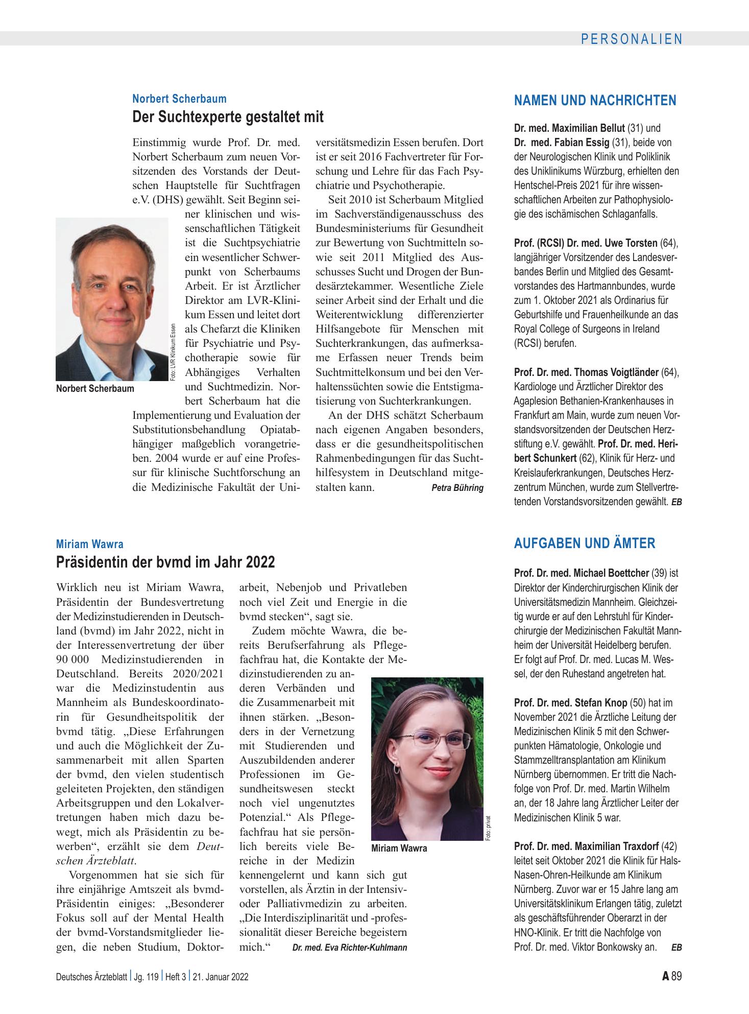 Vorschauseite 1: Norbert Scherbaum: Der Suchtexperte gestaltet mit – Deutsches Ärzteblatt