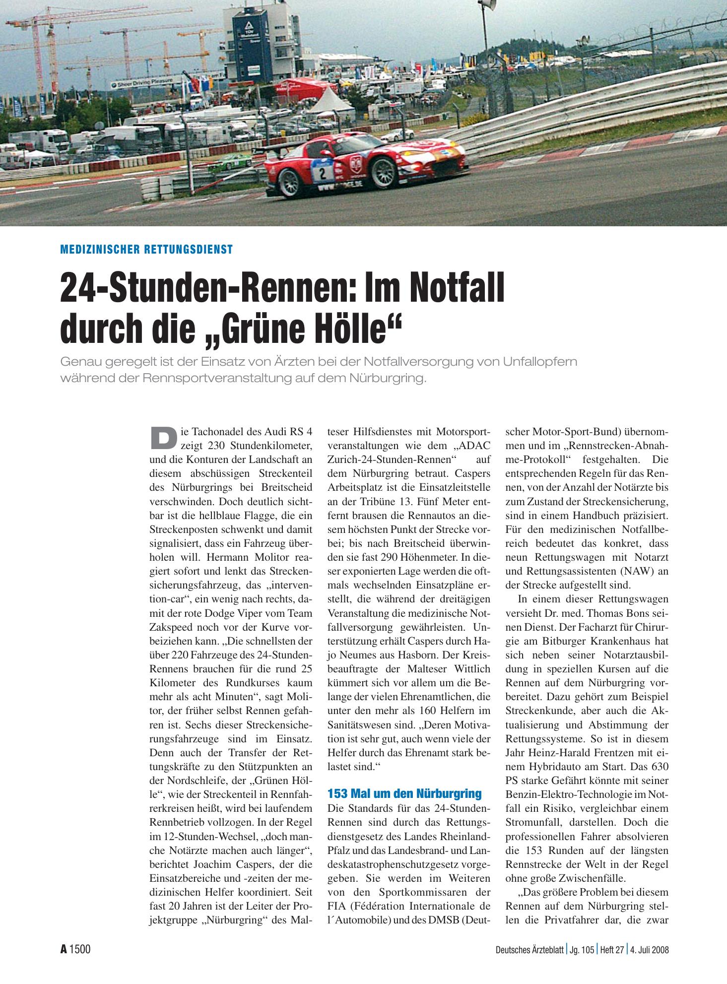 Vorschauseite 1: Medizinischer Rettungsdienst: 24-Stunden-Rennen: Im Notfall durch die „Grüne Hölle“ – Deutsches Ärzteblatt
