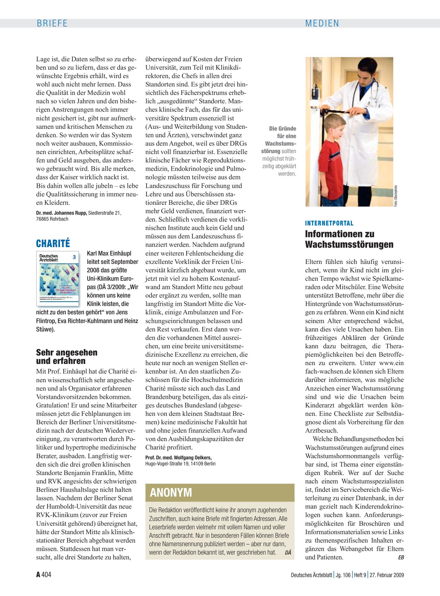 Vorschauseite 1: Charité: Sehr angesehen und erfahren – Deutsches Ärzteblatt