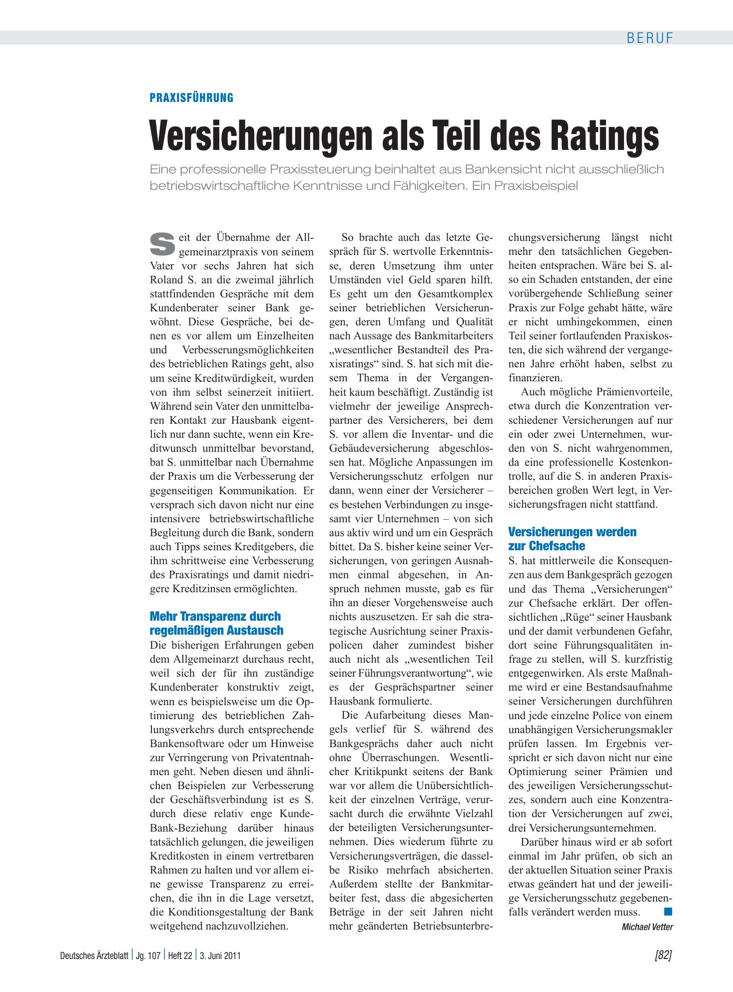 Vorschauseite 1: Praxisführung: Versicherungen als Teil des Ratings – Deutsches Ärzteblatt