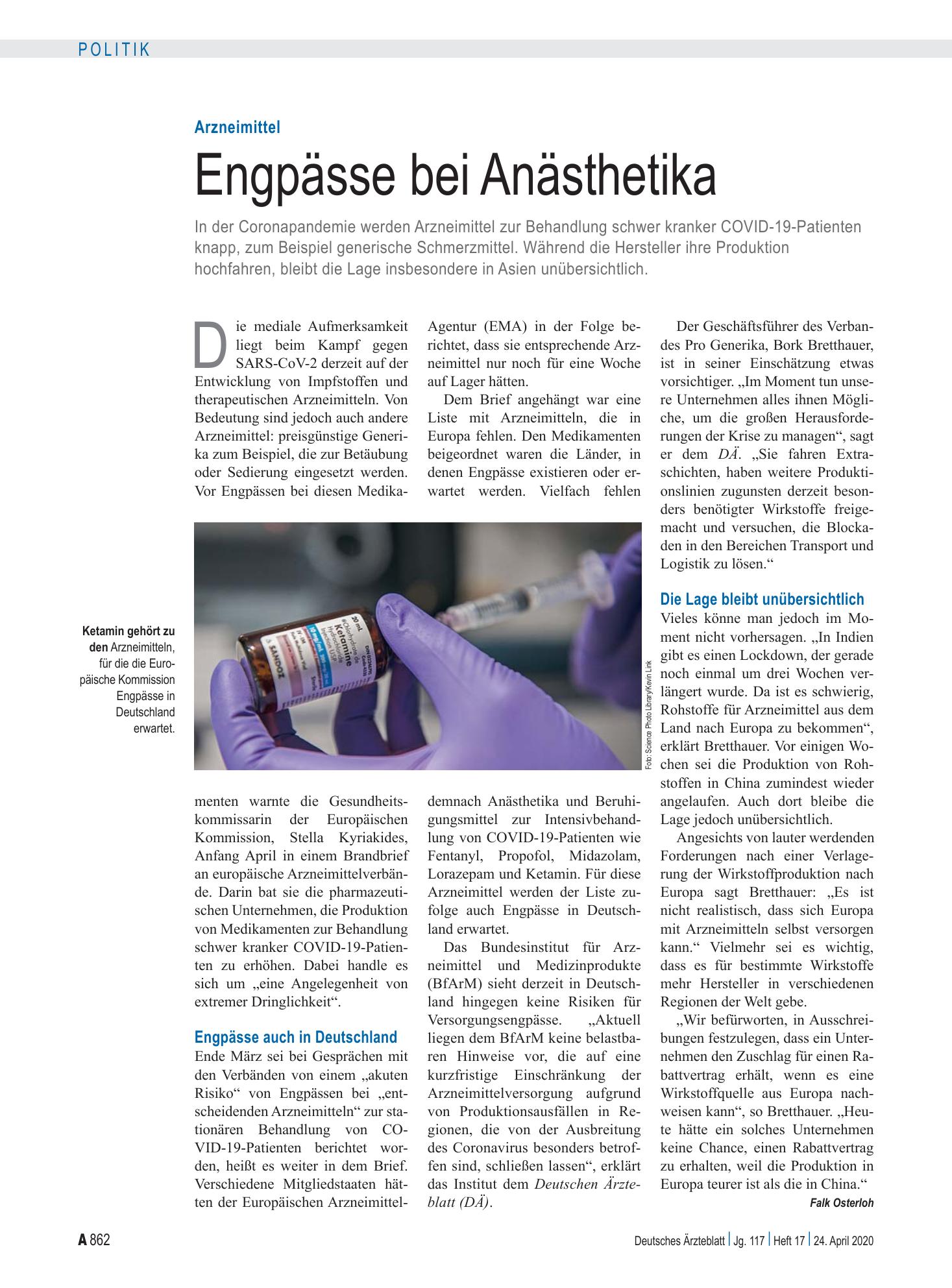 Vorschauseite 1: Arzneimittel: Engpässe bei Anästhetika – Deutsches Ärzteblatt