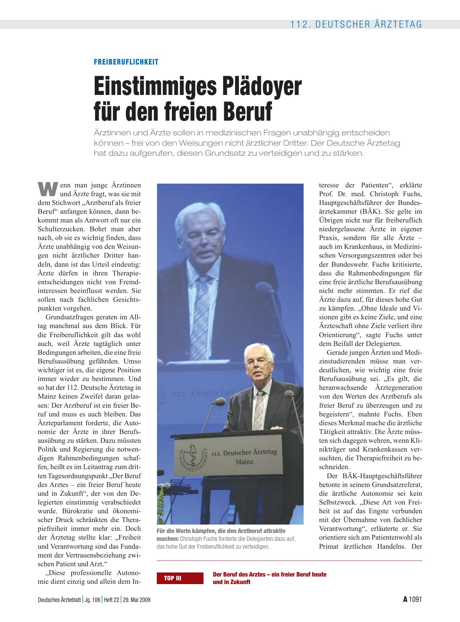 Vorschauseite 1: Freiberuflichkeit: Einstimmiges Plädoyer für den freien Beruf – Deutsches Ärzteblatt