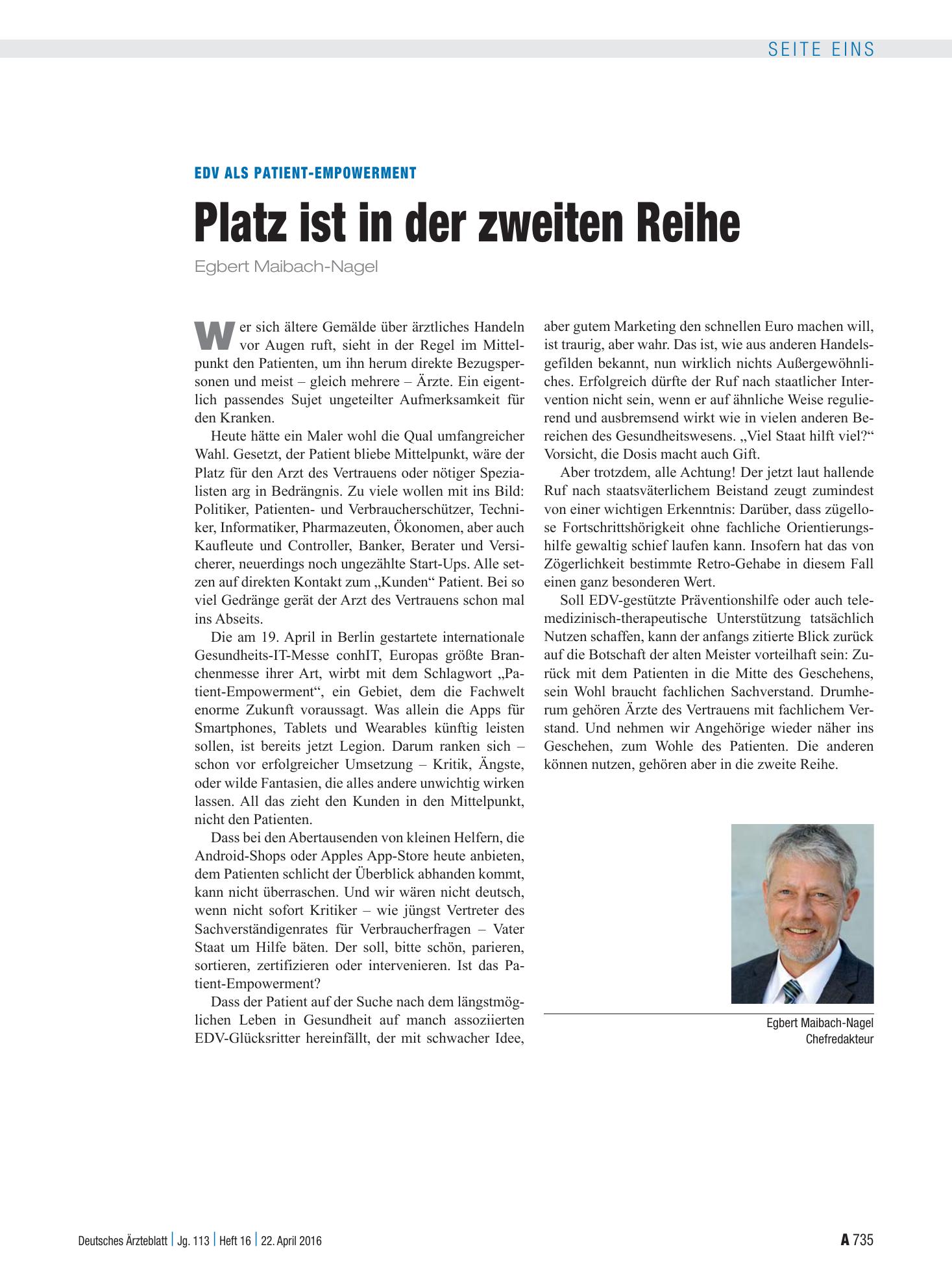 Vorschauseite 1: EDV als Patient-Empowerment: Platz ist in der zweiten Reihe – Deutsches Ärzteblatt