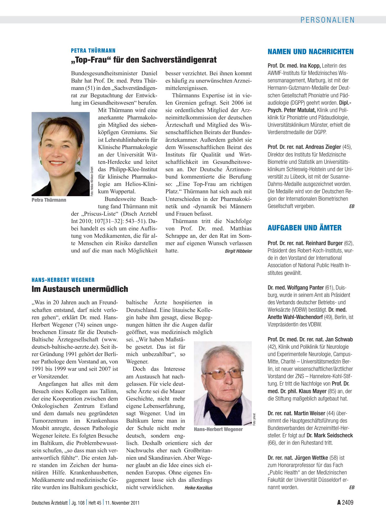 Vorschauseite 1: Hans-Herbert Wegener: Im Austausch unermüdlich – Deutsches Ärzteblatt