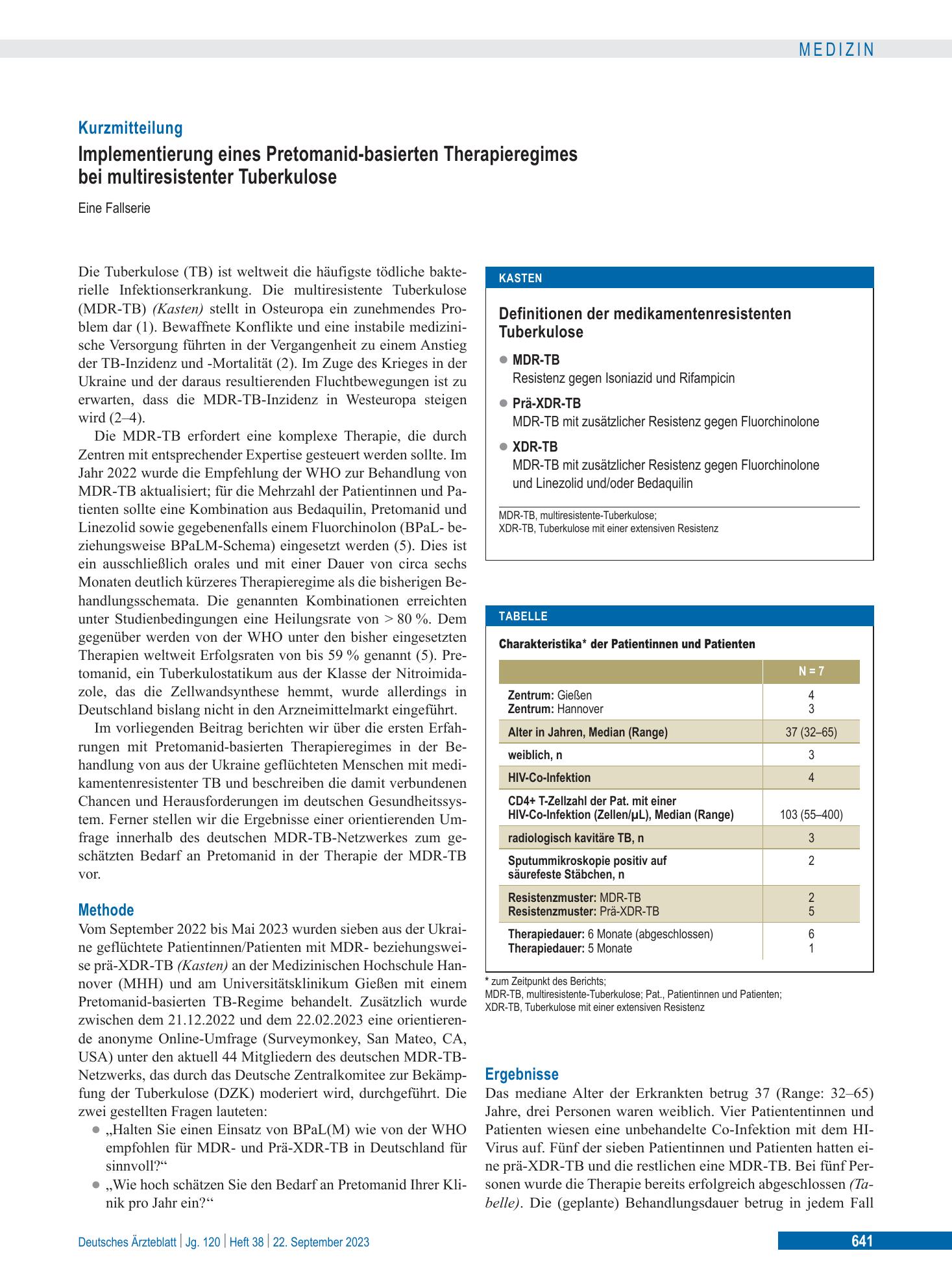 Vorschauseite 1: Implementierung eines Pretomanid-basierten Therapieregimes bei multiresistenter Tuberkulose – Deutsches Ärzteblatt