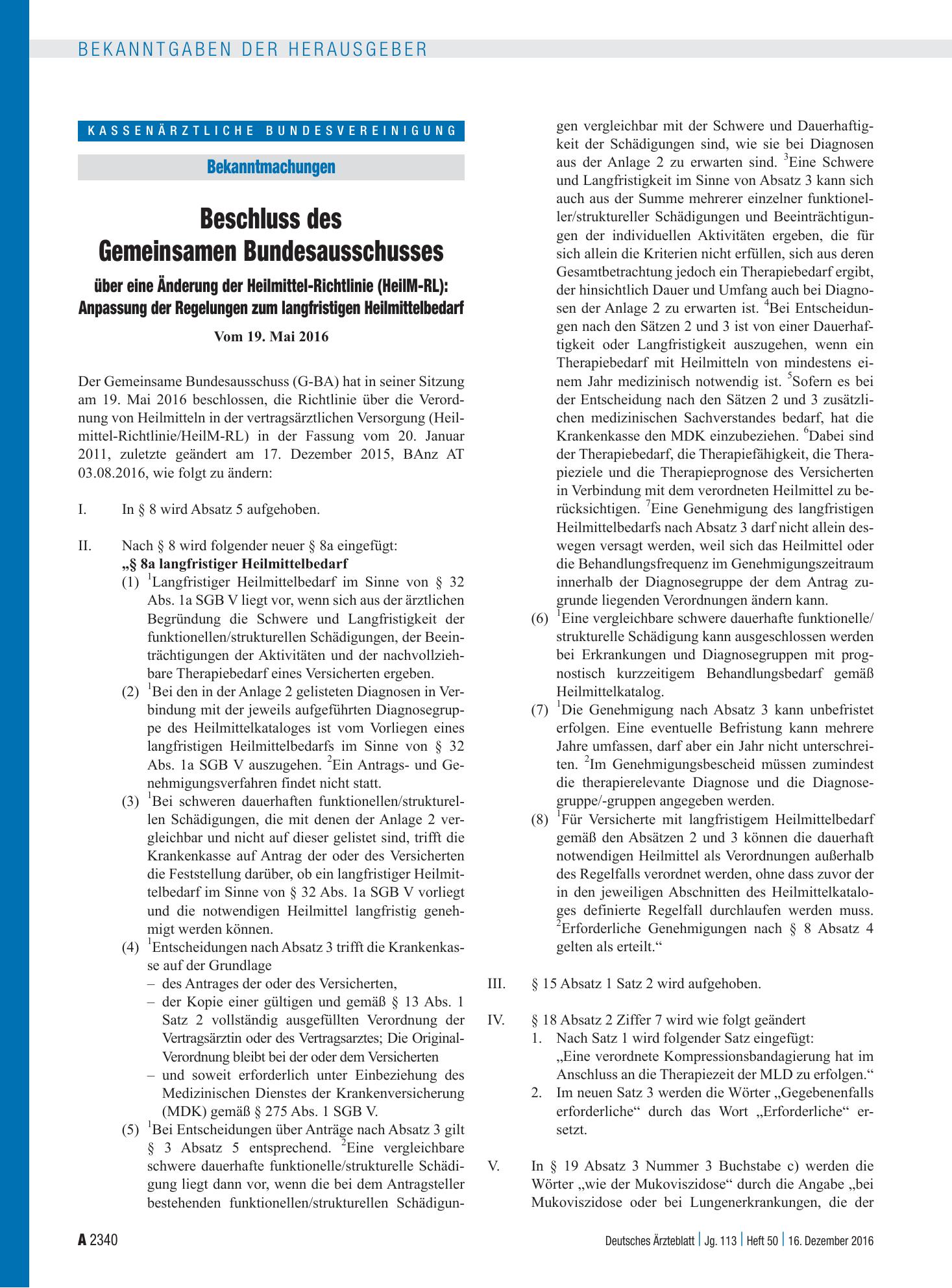 Vorschauseite 1: Beschluss des Gemeinsamen Bundesausschusses über eine Änderung der Heilmittel-Richtlinie (HeilM-RL): Anpassung der Regelungen zum langfristigen Heilmittelbedarf – Deutsches Ärzteb…