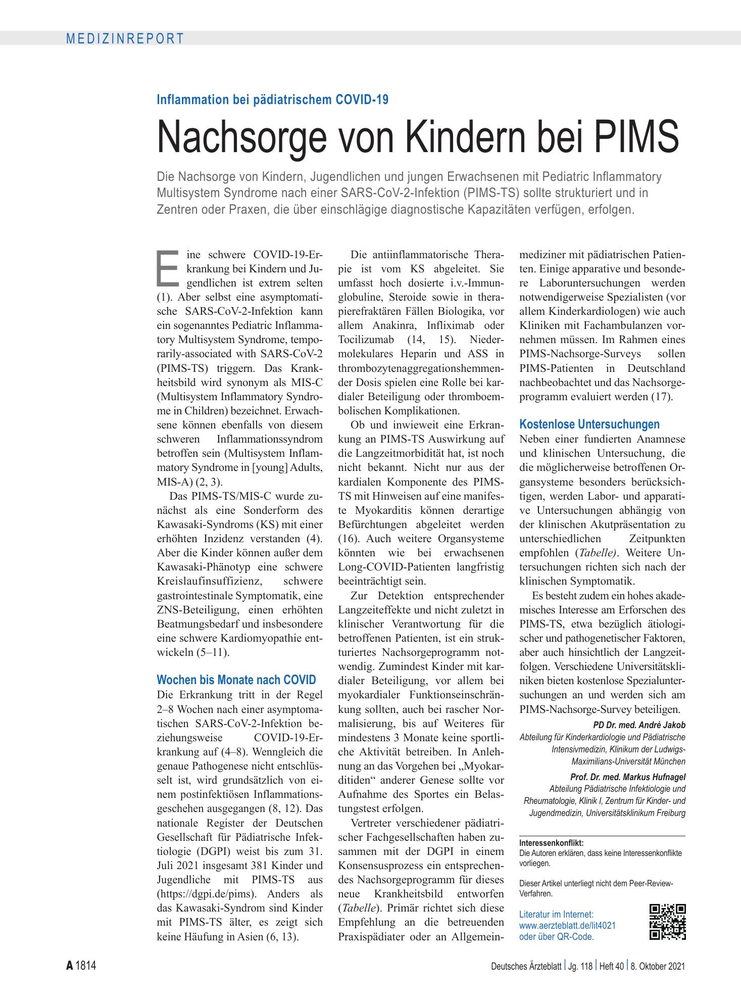 Vorschauseite 1: Inflammation bei pädiatrischem COVID-19: Nachsorge von Kindern bei PIMS – Deutsches Ärzteblatt