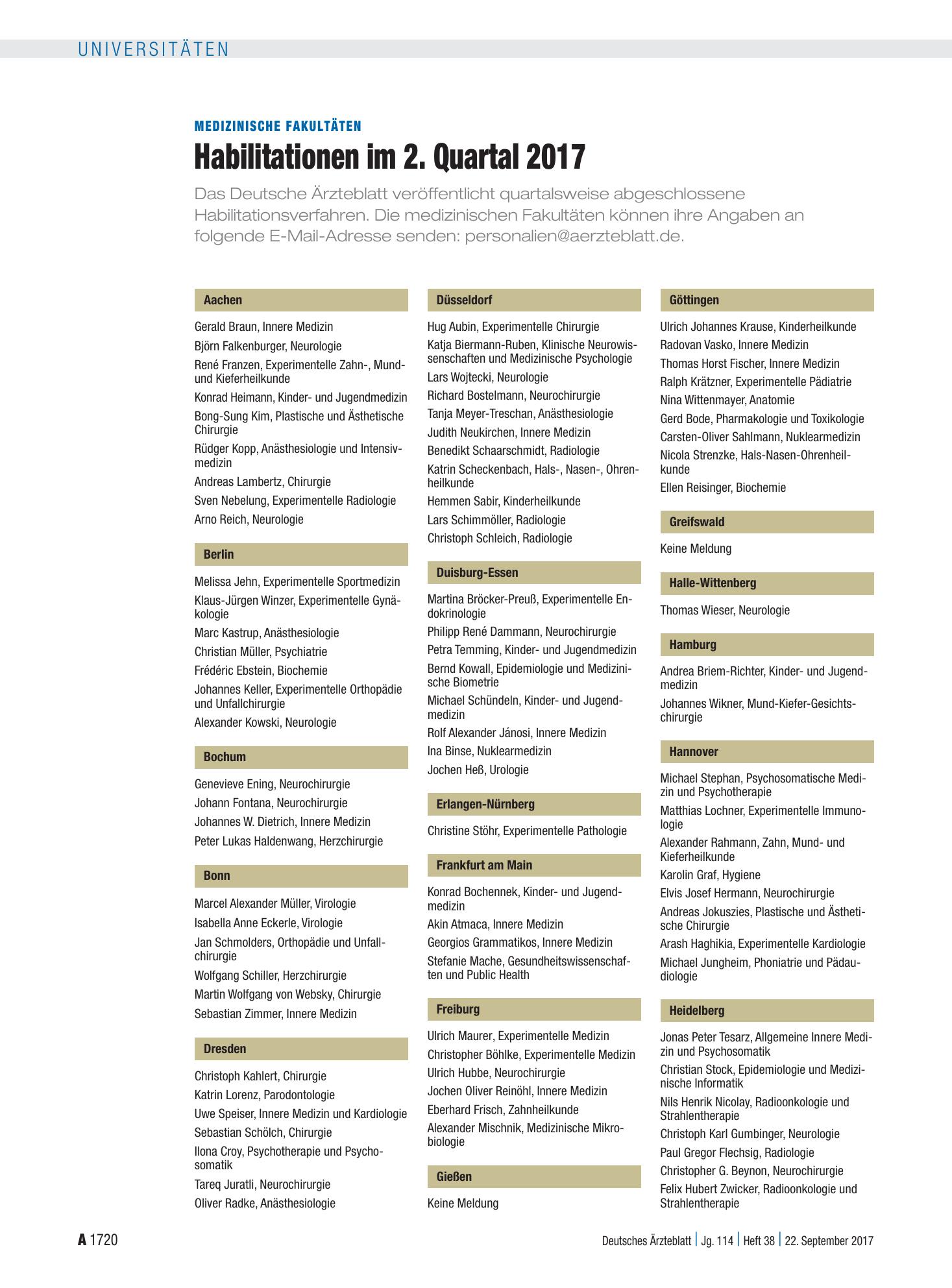 Vorschauseite 1: Medizinische Fakultäten: Habilitationen im 2. Quartal 2017 – Deutsches Ärzteblatt