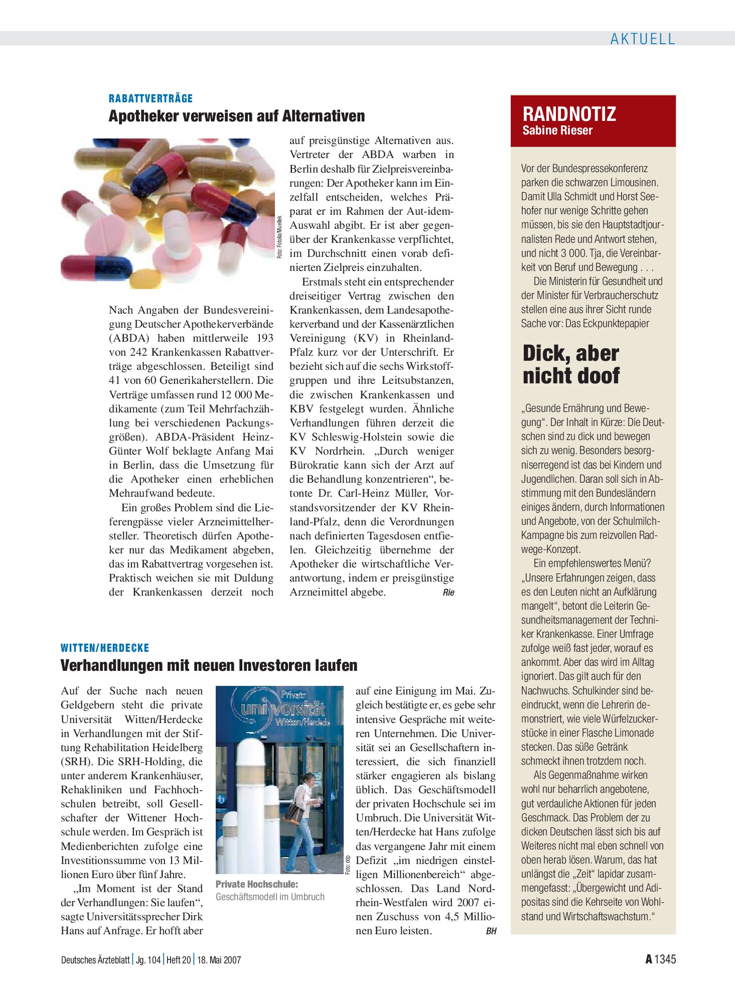 Vorschauseite 1: RABATTVERTRÄGE: Apotheker verweisen auf Alternativen – Deutsches Ärzteblatt