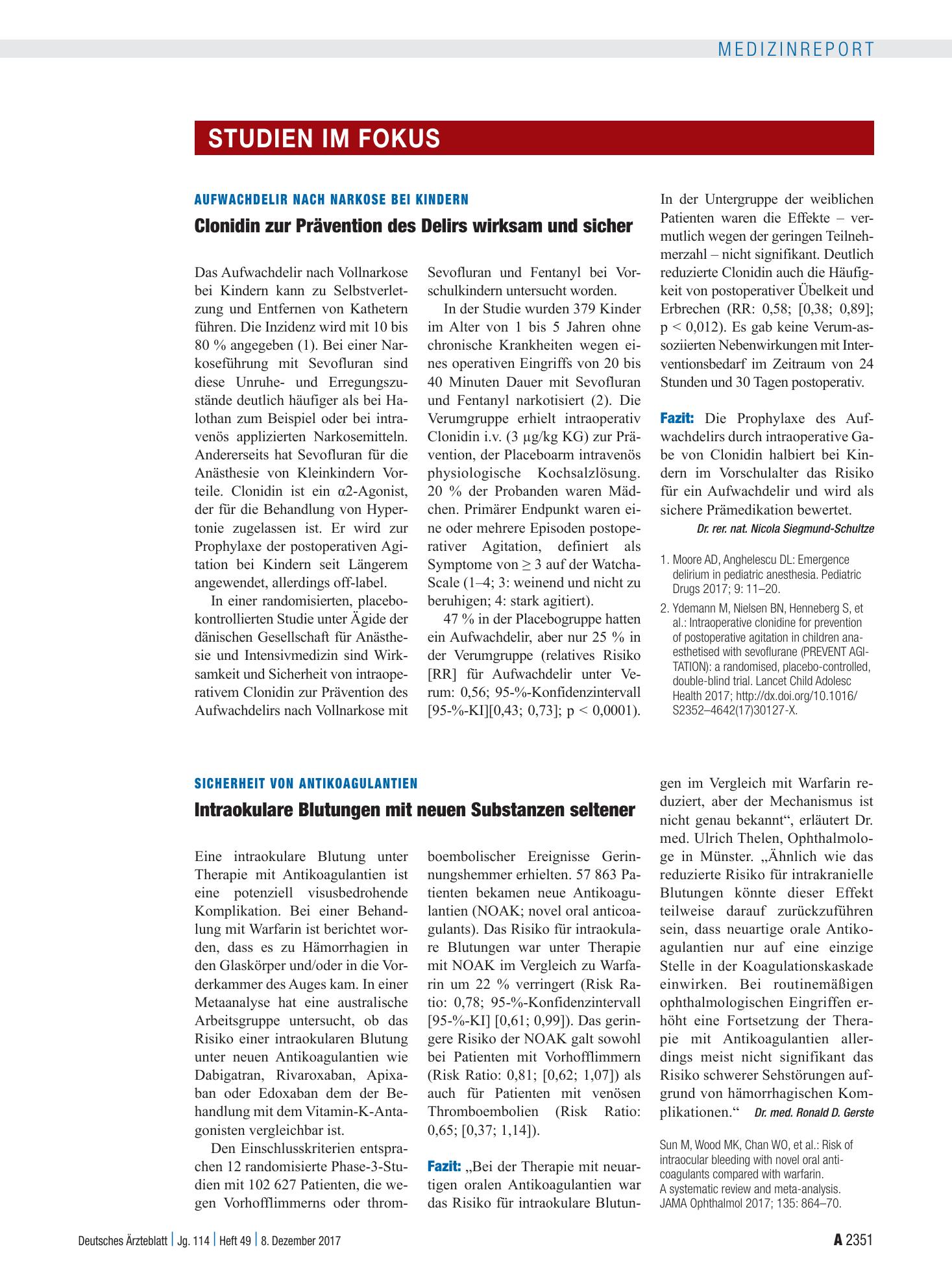 Vorschauseite 1: Sicherheit von Antikoagulantien: Intraokulare Blutungen mit neuen Substanzen seltener – Deutsches Ärzteblatt