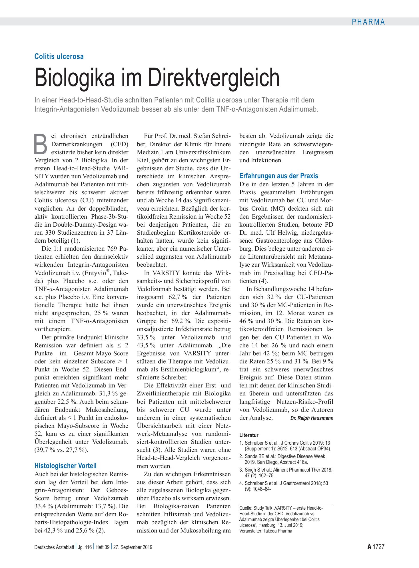 Vorschauseite 1: Colitis ulcerosa: Biologika im Direktvergleich – Deutsches Ärzteblatt