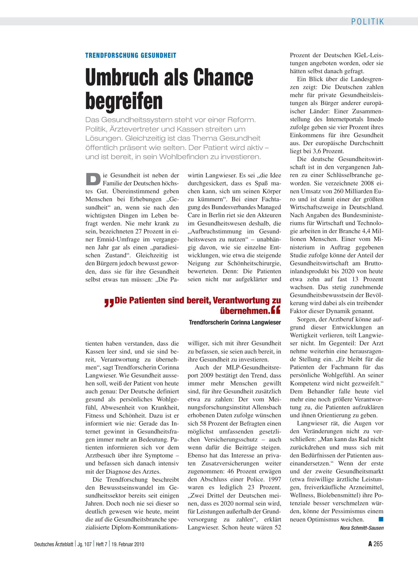 Vorschauseite 1: Trendforschung Gesundheit: Umbruch als Chance begreifen – Deutsches Ärzteblatt