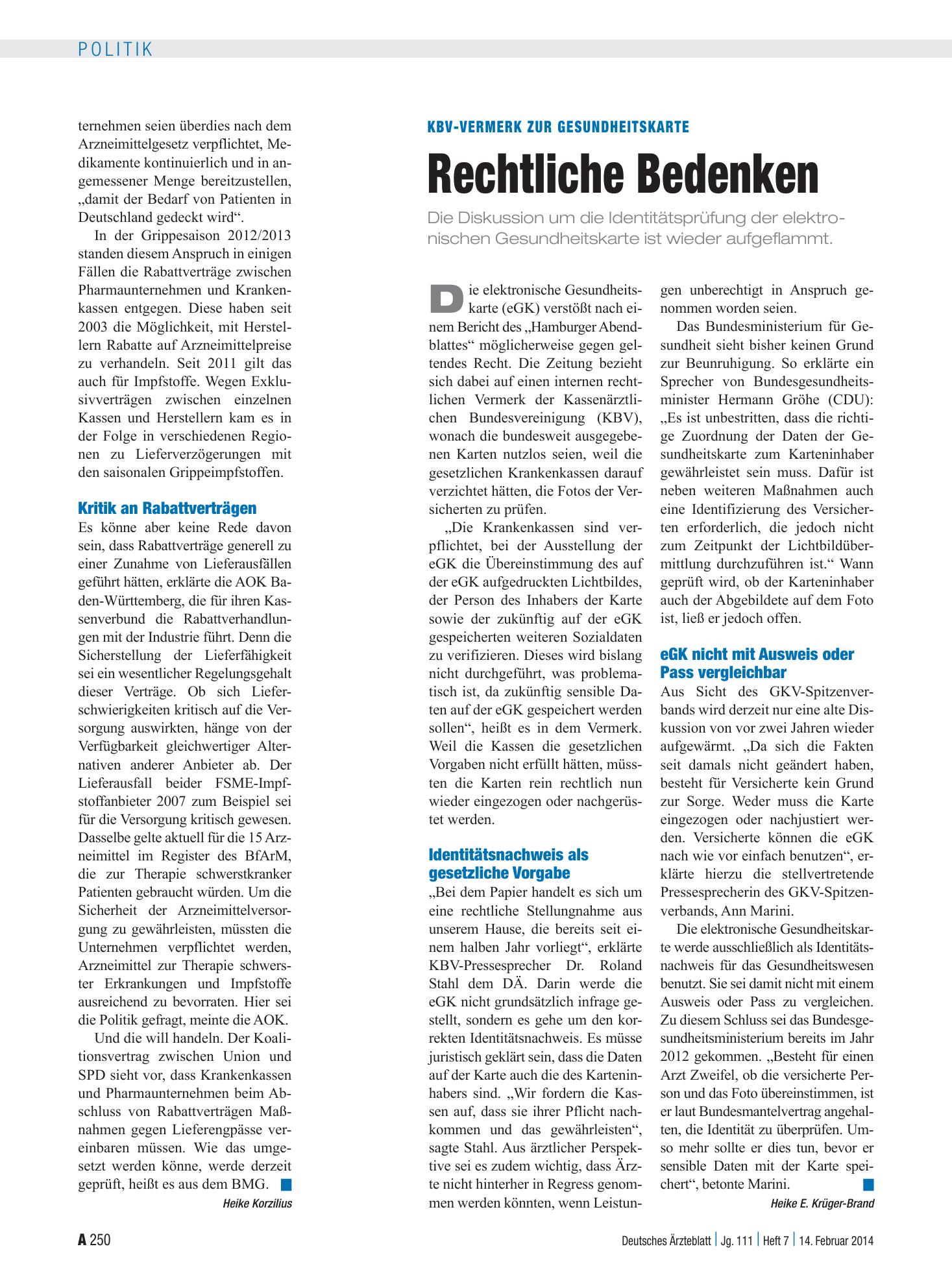 Vorschauseite 1: KBV-Vermerk zur Gesundheitskarte: Rechtliche Bedenken – Deutsches Ärzteblatt