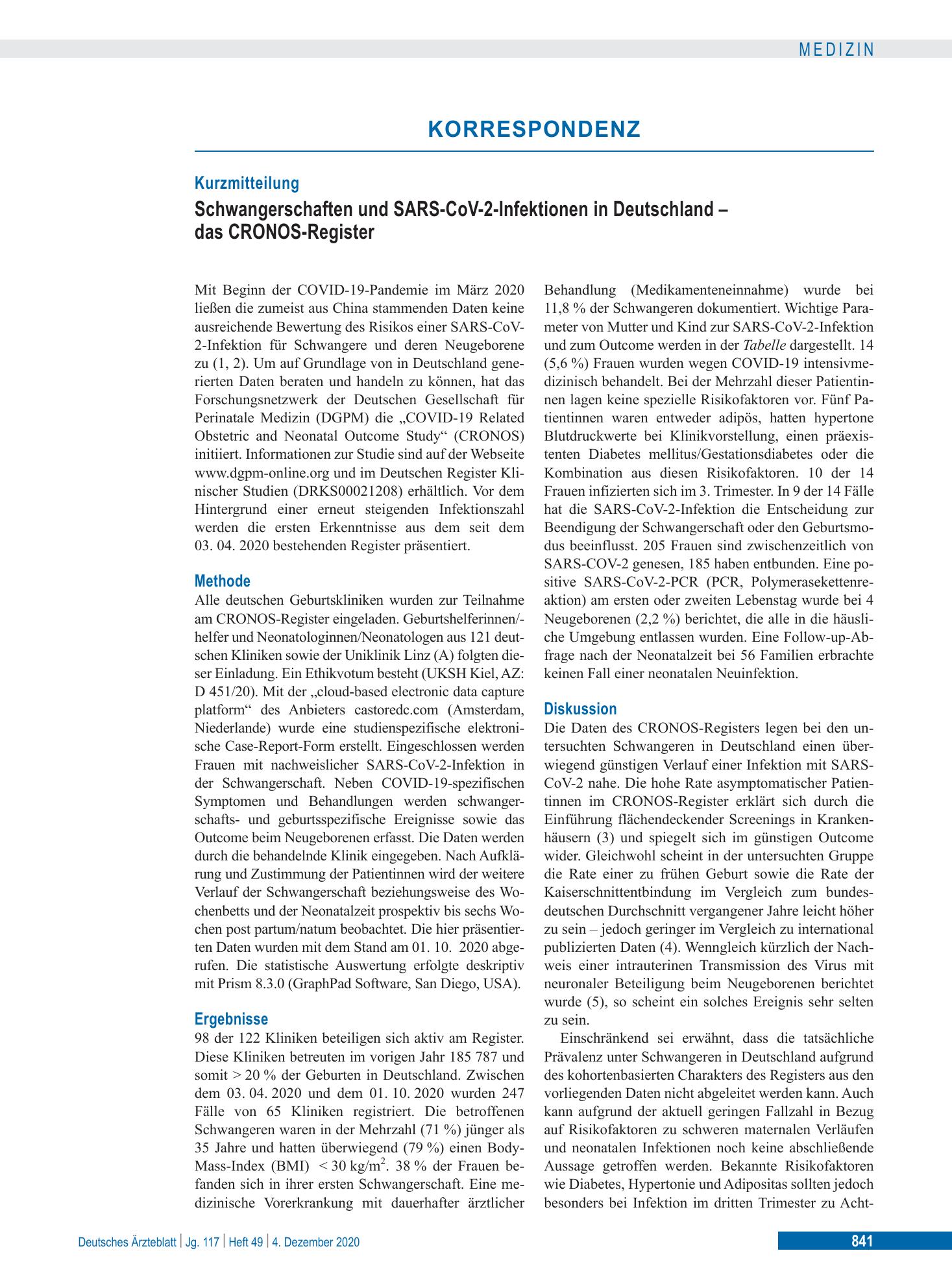 Vorschauseite 1: Schwangerschaften und SARS-CoV-2-Infektionen in Deutschland – das CRONOS-Register – Deutsches Ärzteblatt