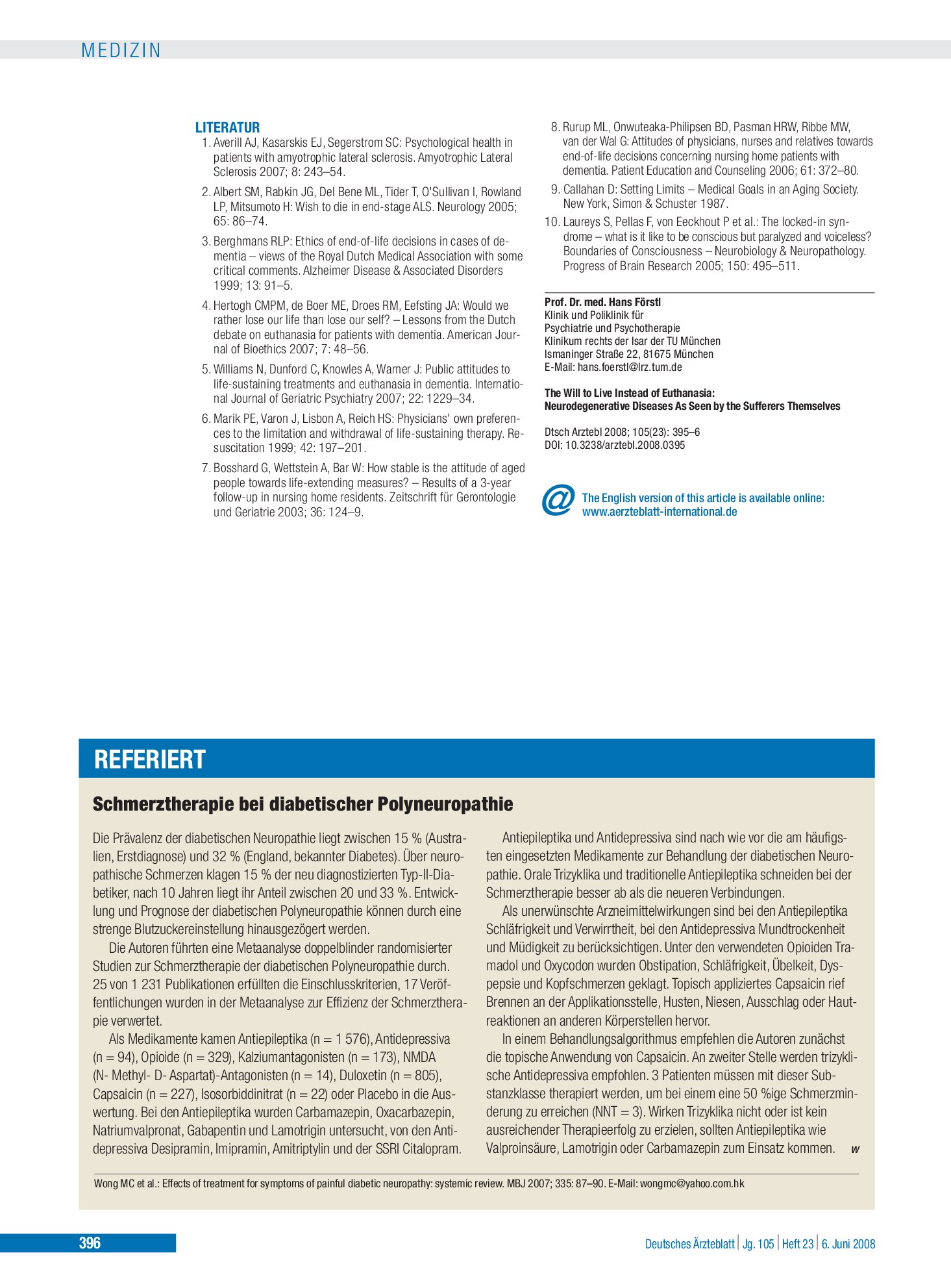 Vorschauseite 1: Schmerztherapie bei diabetischer Polyneuropathie – Deutsches Ärzteblatt