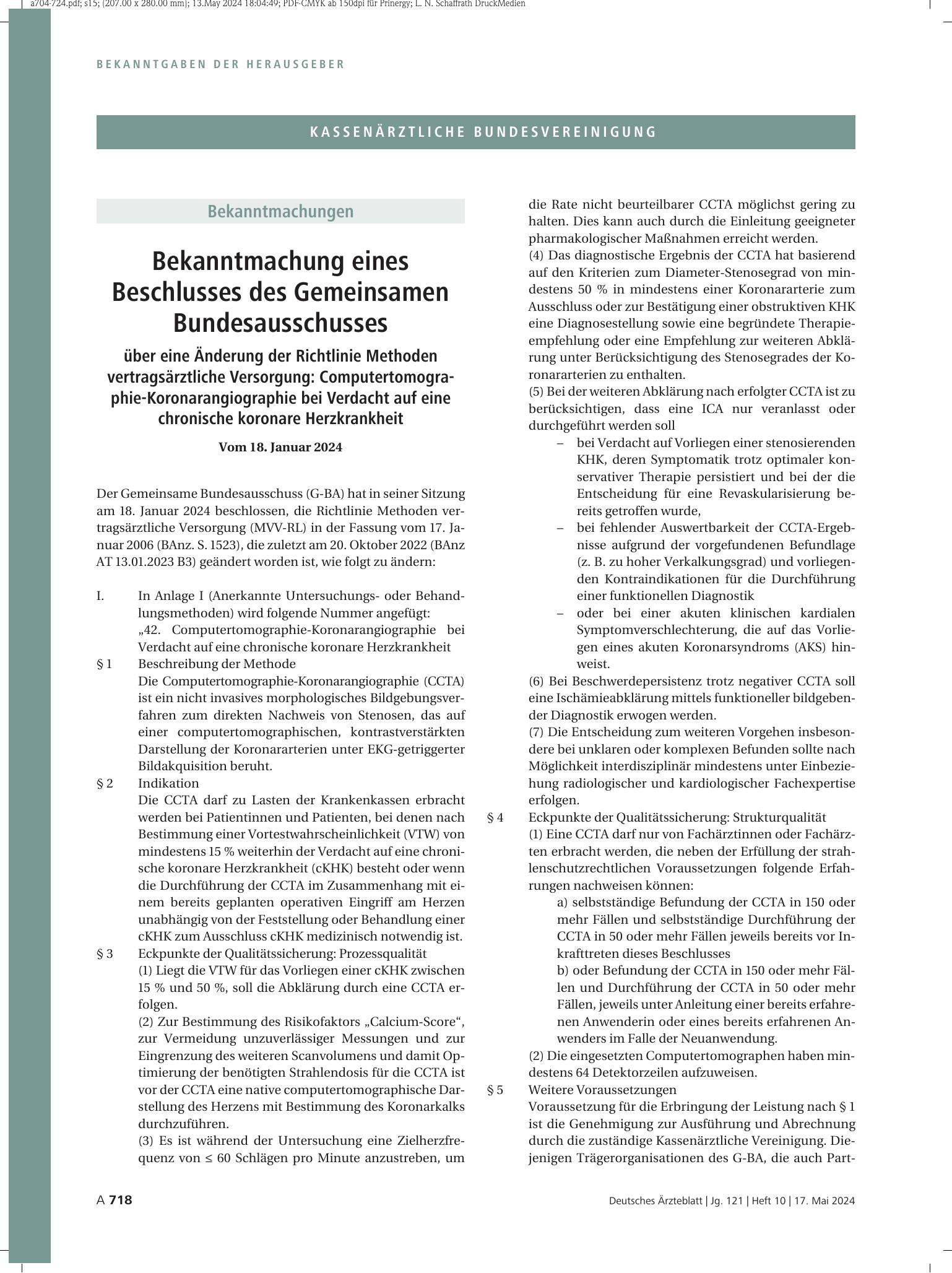 Vorschauseite 1: Bekanntmachung eines Beschlusses des Gemeinsamen Bundesausschusses über eine Änderung der Richtlinie Methoden vertragsärztliche Versorgung: Computertomographie-Koronarangiographie…