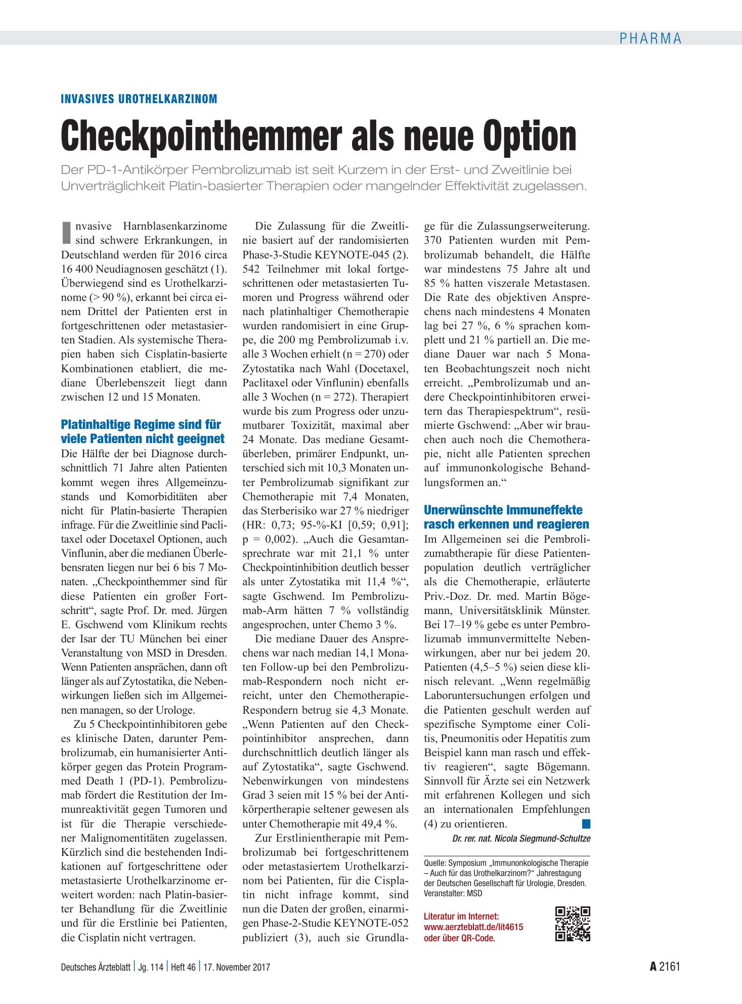 Vorschauseite 1: Invasives Urothelkarzinom: Checkpointhemmer als neue Option – Deutsches Ärzteblatt