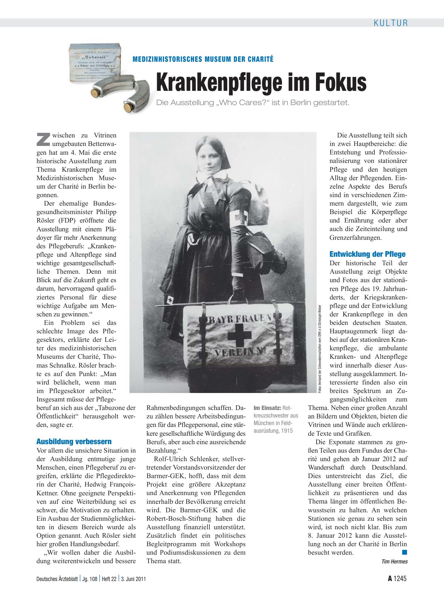 Vorschauseite 1: Medizinhistorisches Museum der Charité: Krankenpflege im Fokus – Deutsches Ärzteblatt