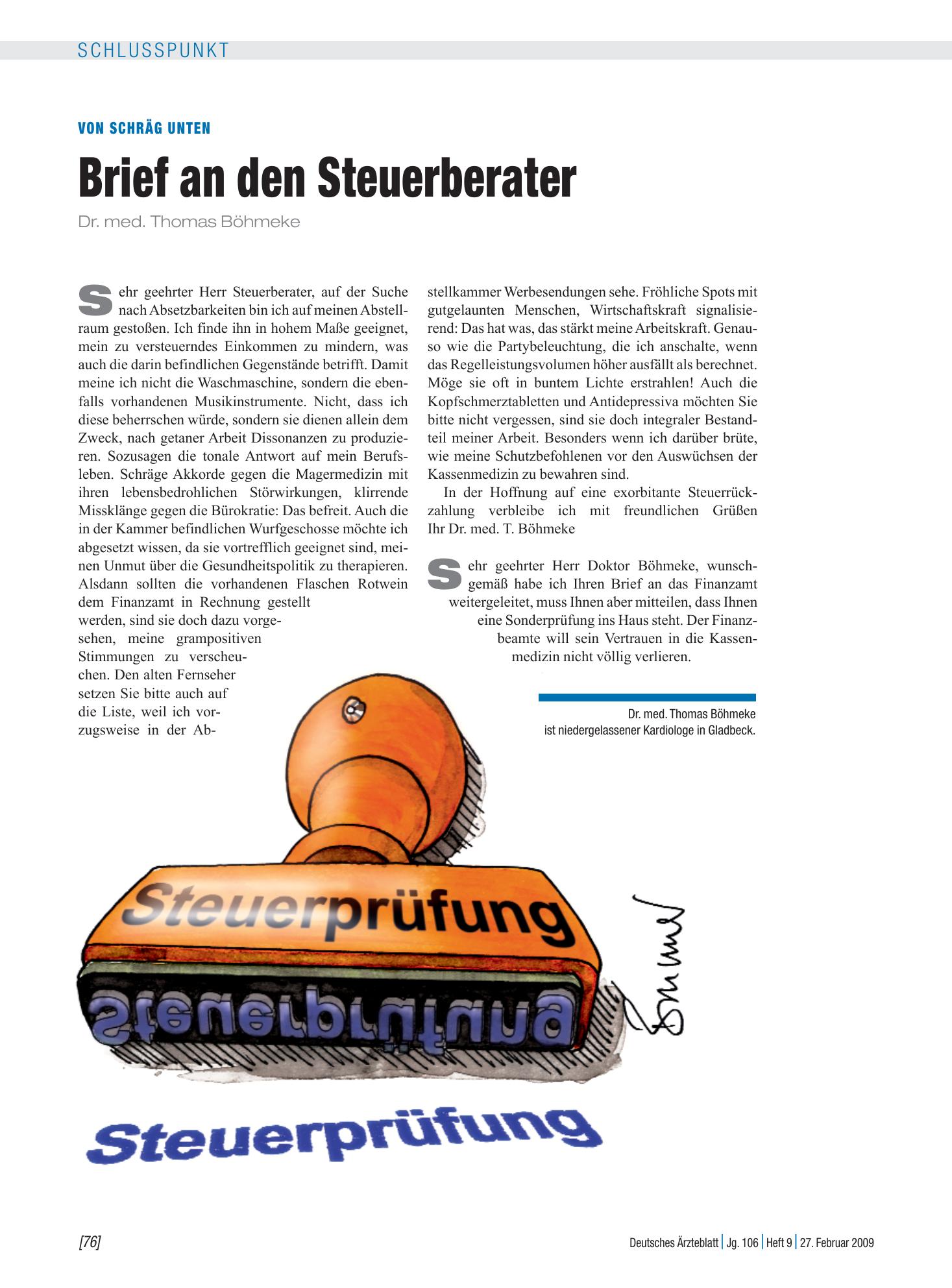 Vorschauseite 1: Von schräg unten: Brief an den Steuerberater – Deutsches Ärzteblatt