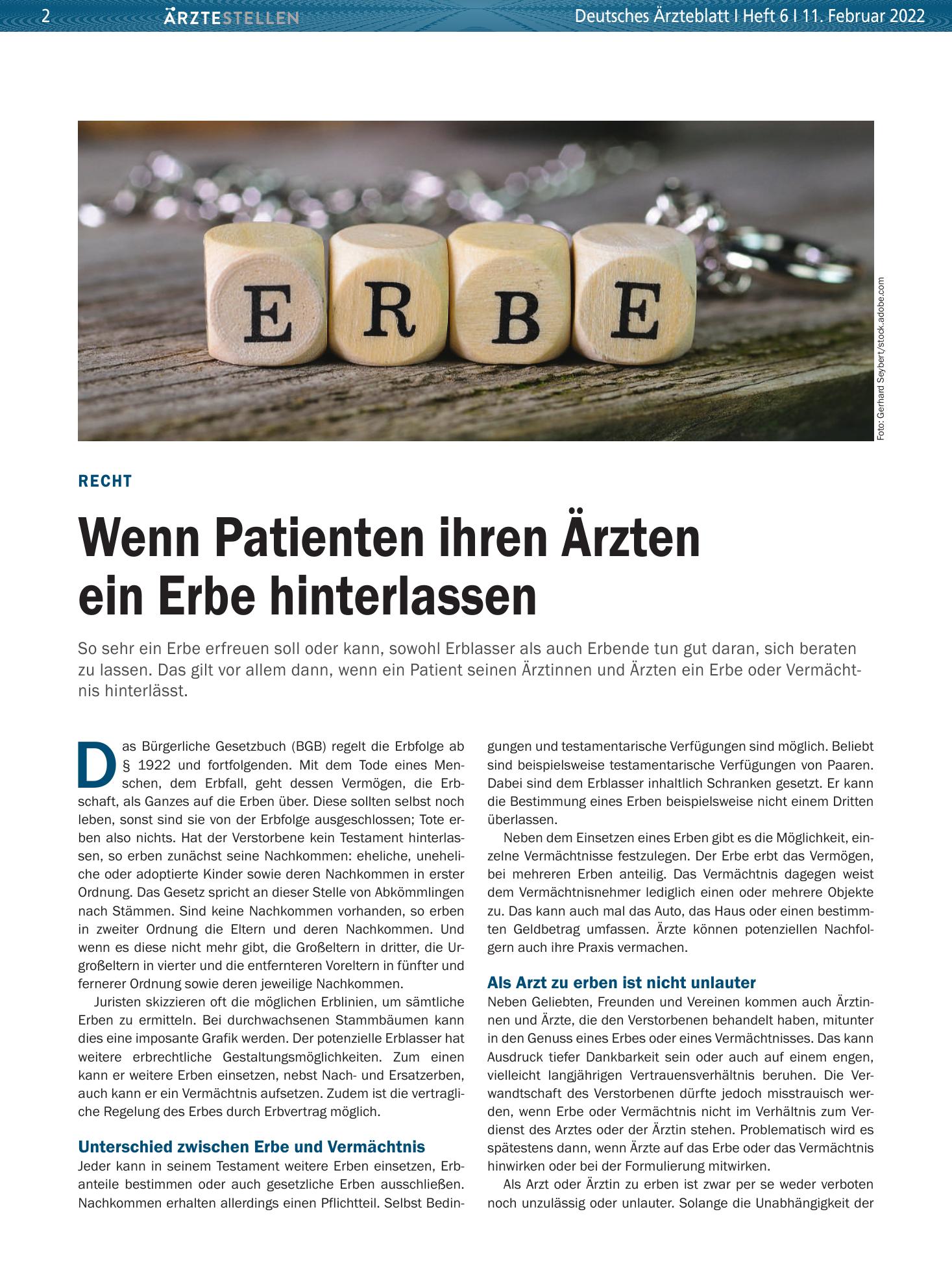 Vorschauseite 1: Recht: Wenn Patienten ihren Ärzten ein Erbe hinterlassen – Deutsches Ärzteblatt