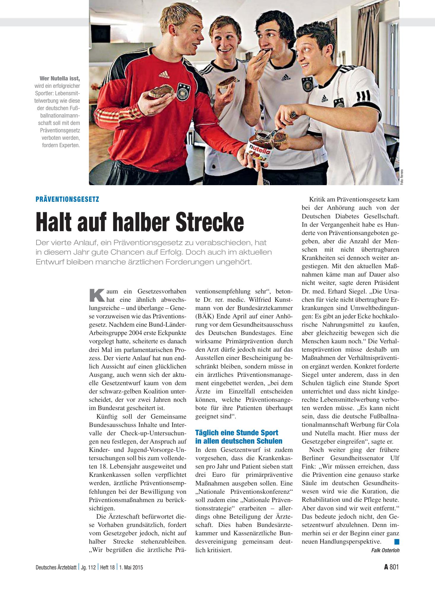 Vorschauseite 1: Präventionsgesetz: Halt auf halber Strecke – Deutsches Ärzteblatt