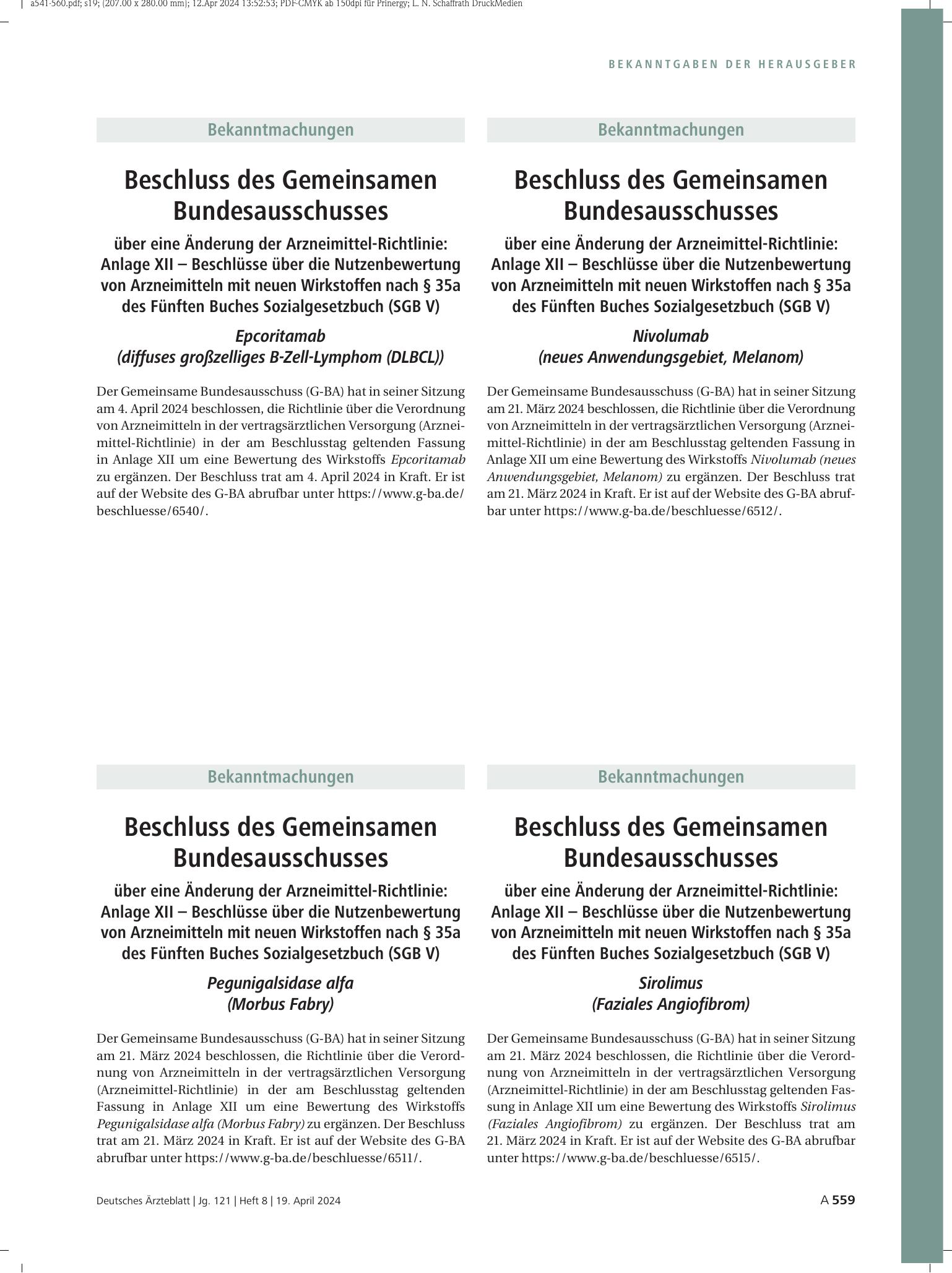 Vorschauseite 1: Beschluss des Gemeinsamen Bundesausschusses über eine Änderung der Arzneimittel-Richtlinie: Nivolumab (neues Anwendungsgebiet, Melanom) – Deutsches Ärzteblatt