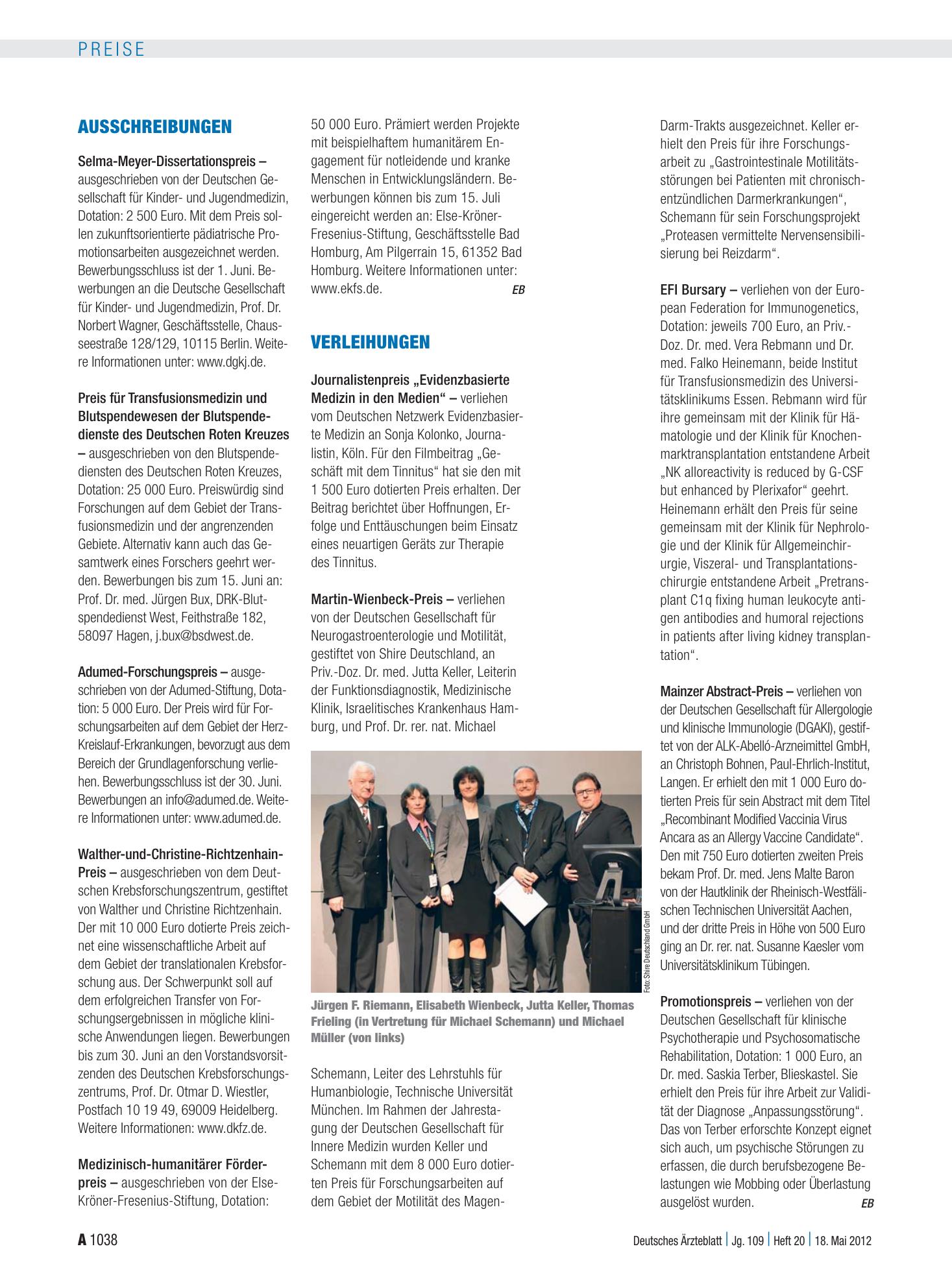 Vorschauseite 1: Verleihungen – Deutsches Ärzteblatt