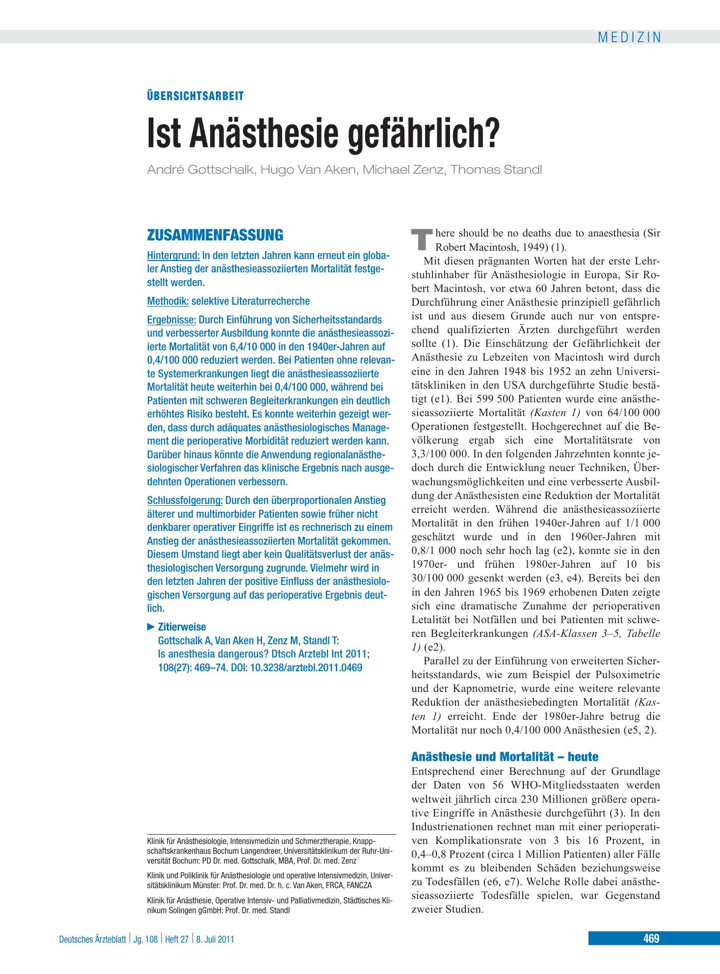 Vorschauseite 1: Ist Anästhesie gefährlich? – Deutsches Ärzteblatt