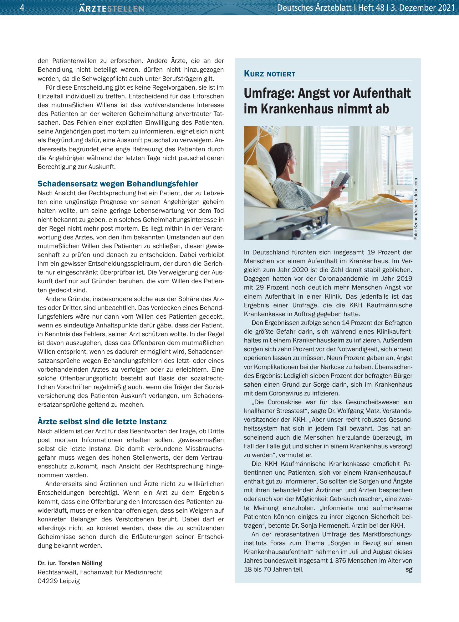 Vorschauseite 1: Umfrage: Angst vor Aufenthalt im Krankenhaus nimmt ab – Deutsches Ärzteblatt