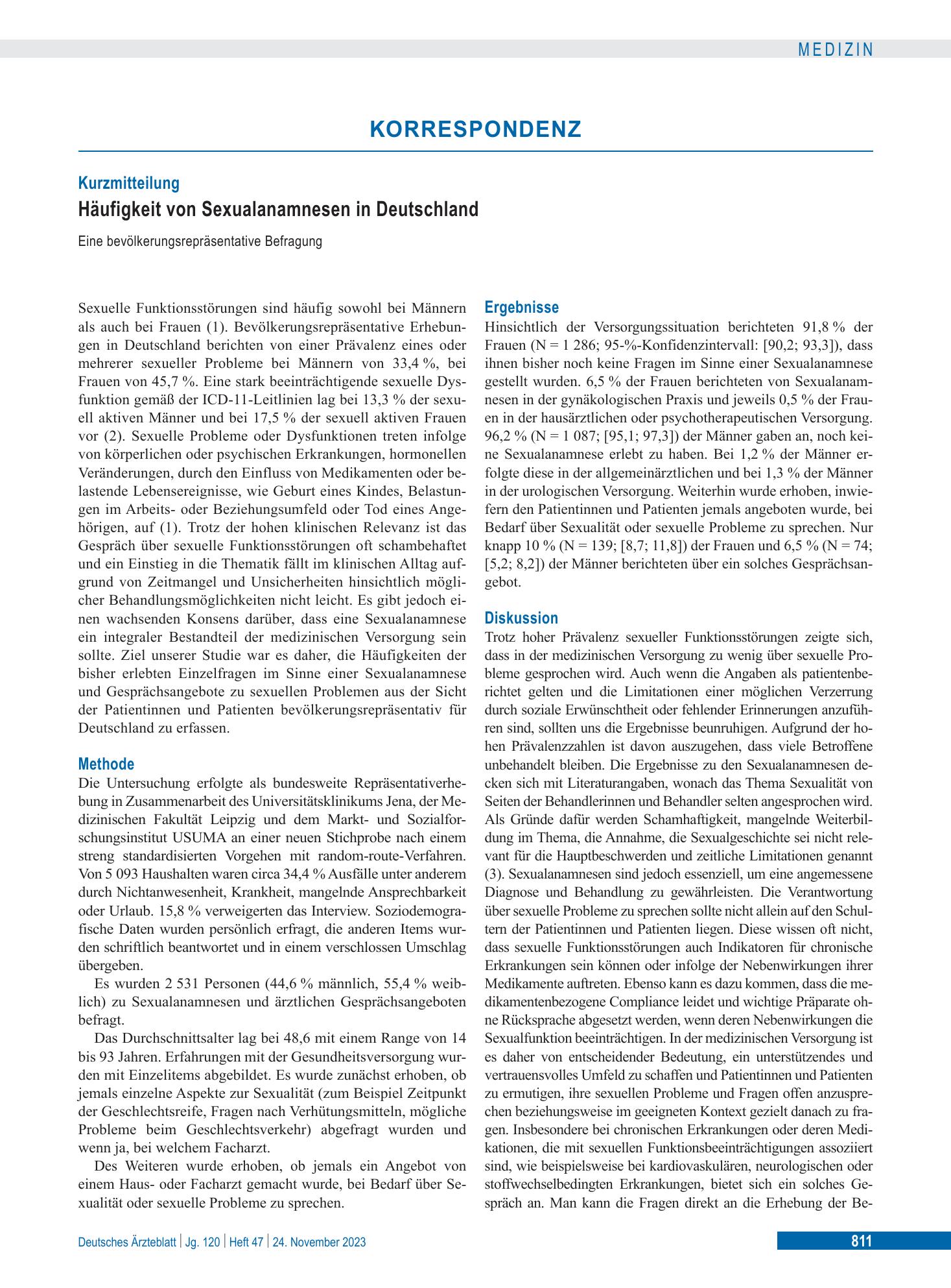 Vorschauseite 1: Häufigkeit von Sexualanamnesen in Deutschland – Deutsches Ärzteblatt