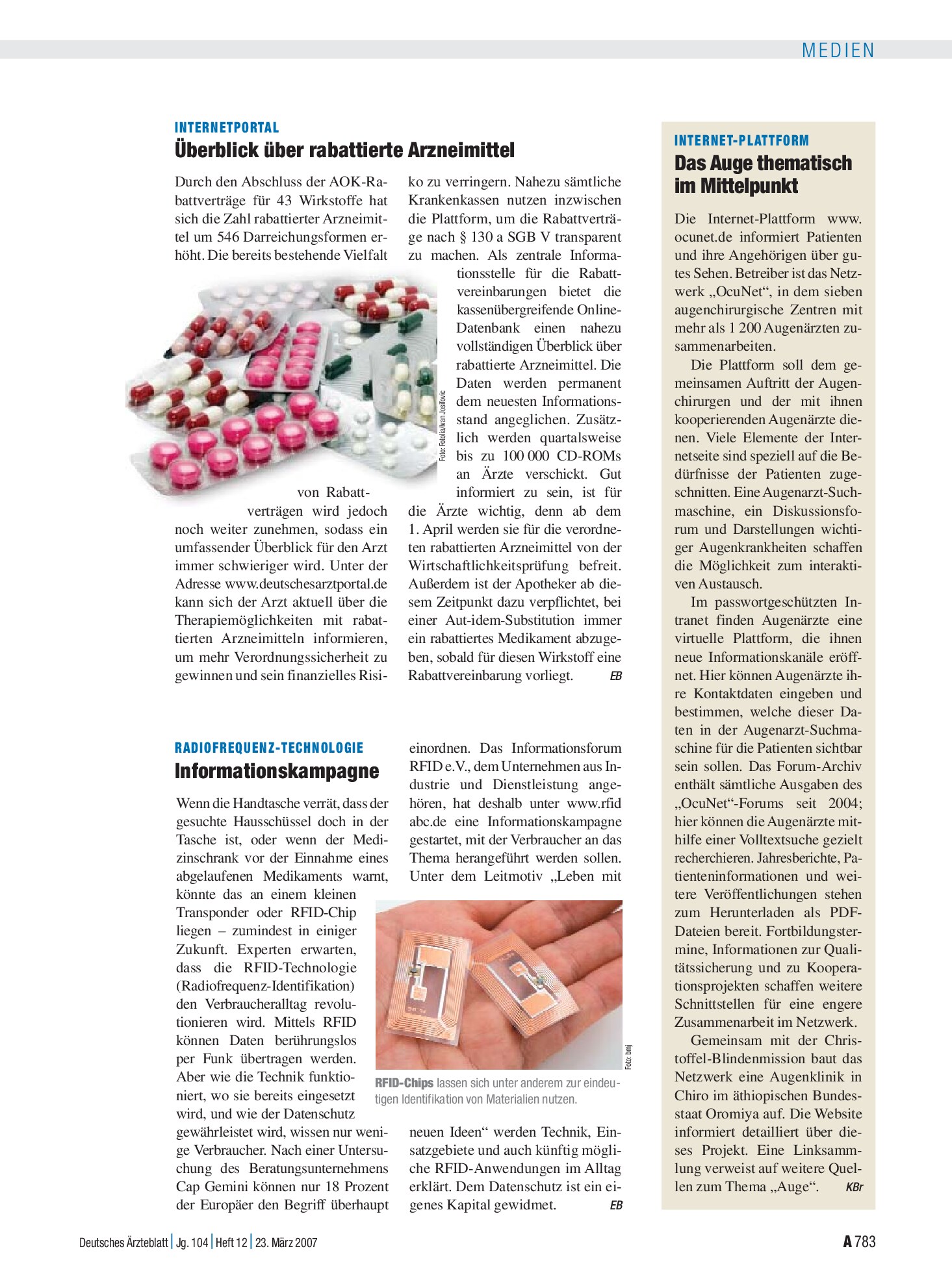 Vorschauseite 1: RadioFrequenz-Technologie: Informationskampagne – Deutsches Ärzteblatt