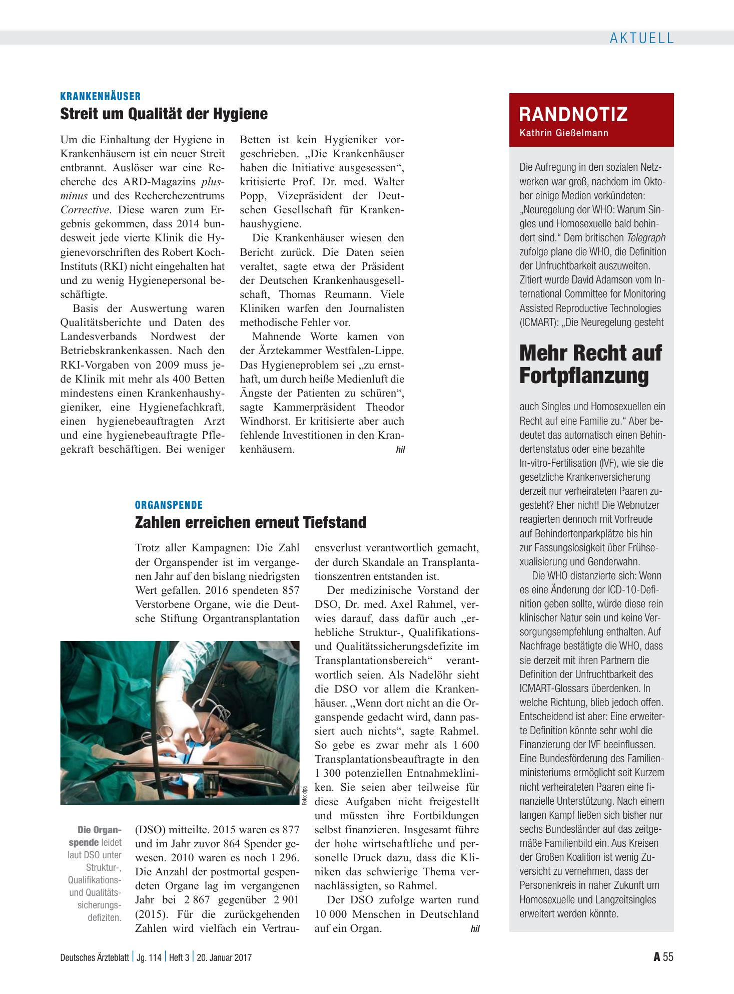 Vorschauseite 1: Krankenhäuser: Streit um Qualität der Hygiene – Deutsches Ärzteblatt