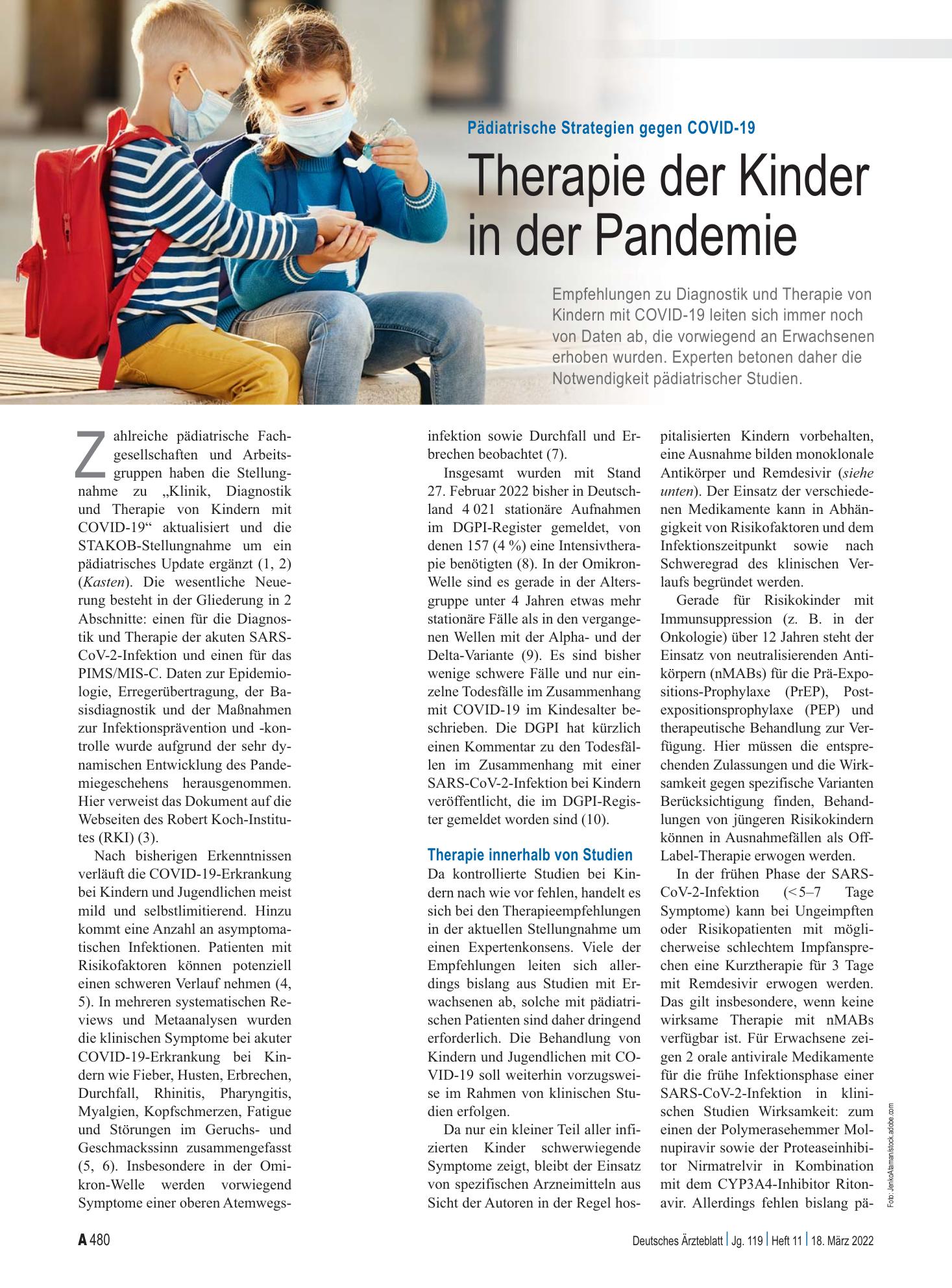 Vorschauseite 1: Pädiatrische Strategien gegen COVID-19: Therapie der Kinder in der Pandemie – Deutsches Ärzteblatt